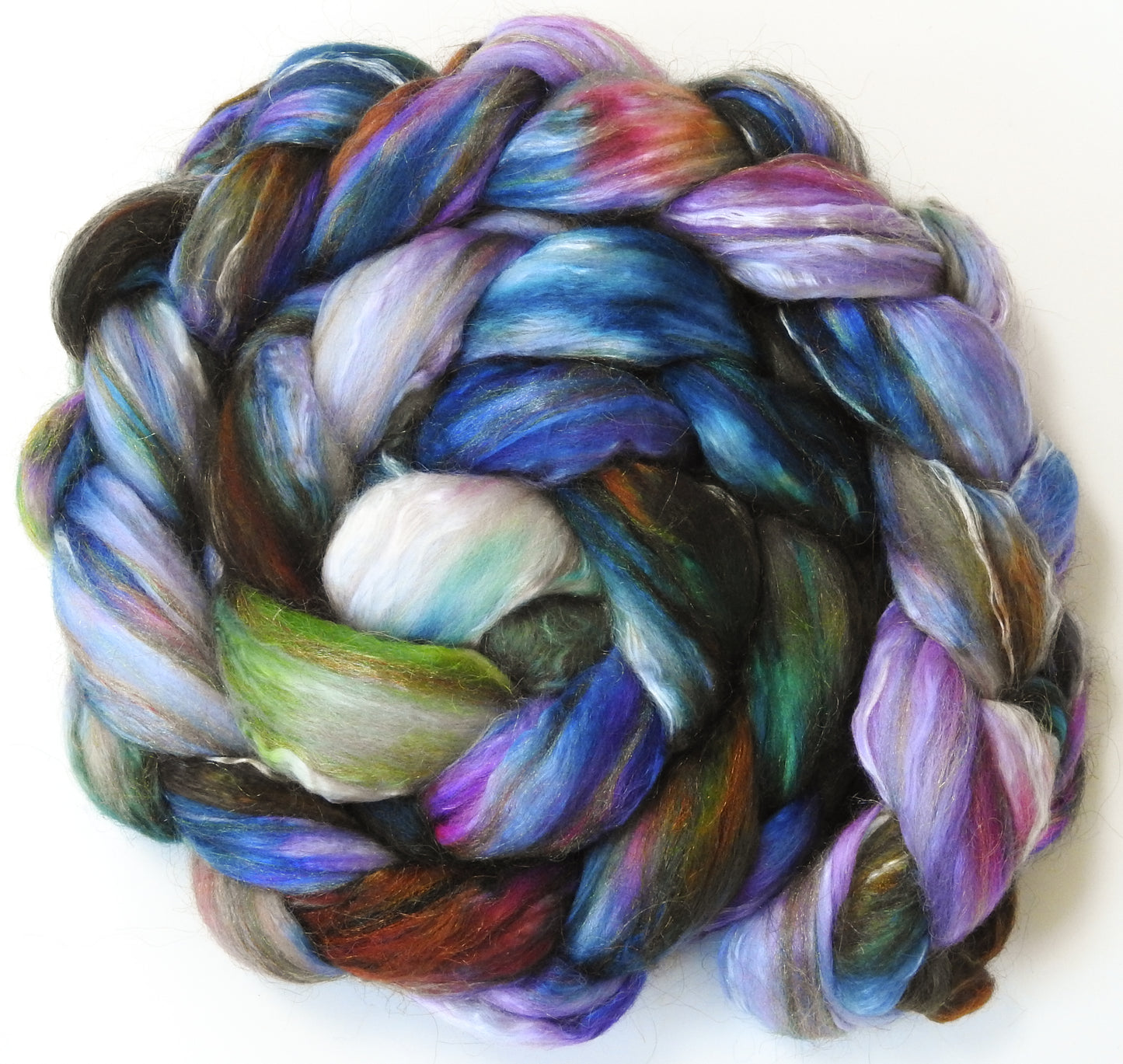 Flight of Fancy (5.6 oz.) -Fusion Series -Batt in a Braid #31- Polwarth/ Mulberry Silk / Baby Alpaca / Rainbow Firestar/ Tencel( 40/25/15/10/10)