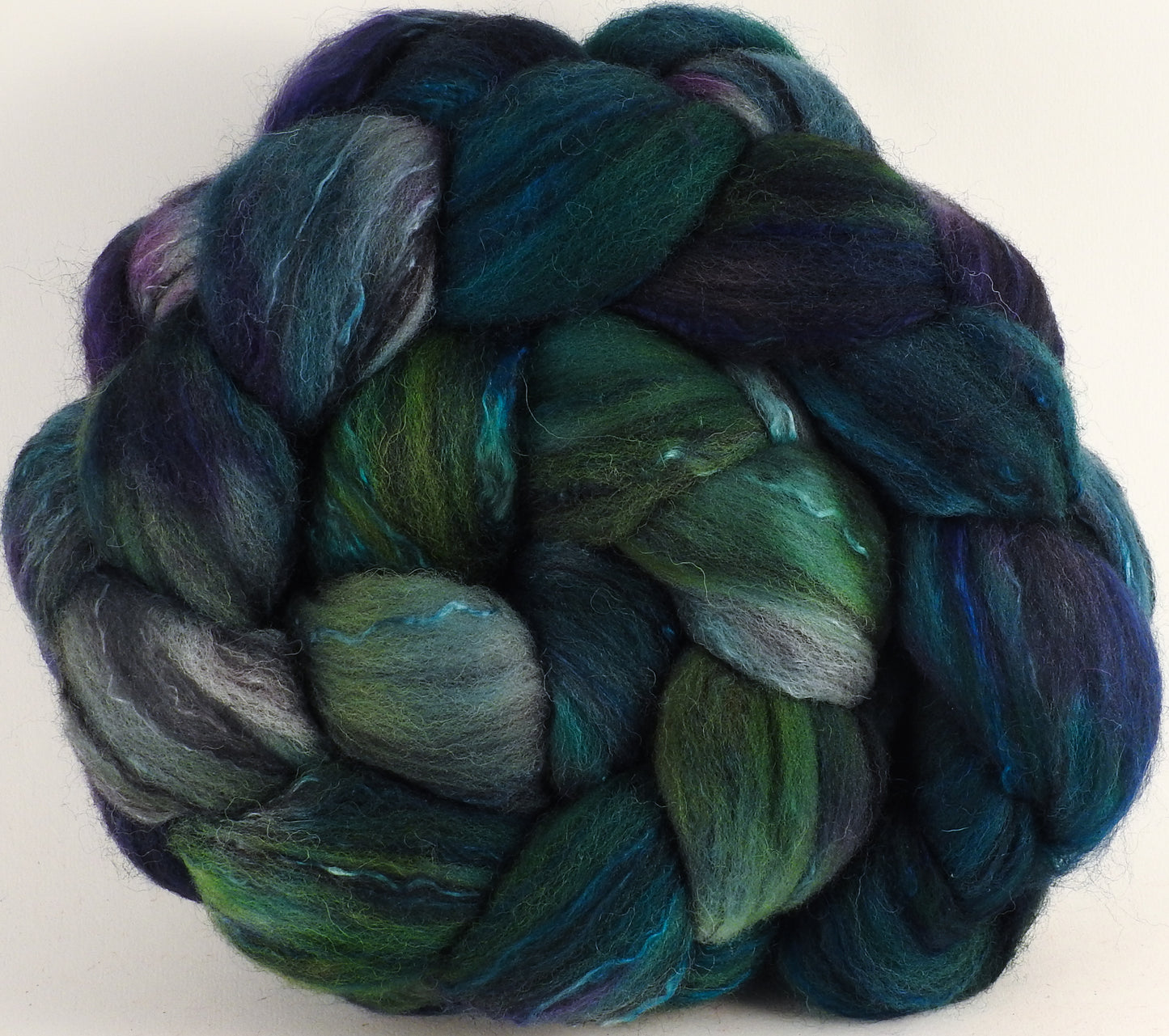 Batt in a Braid #30- Tattered Teal (5.3 oz.) - Charollais/ Rambouillet / Black tussah /Mulberry silk (40/40/10/10) - Inglenook Fibers