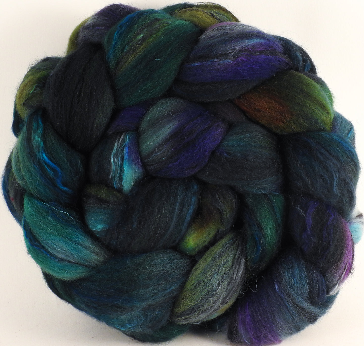 Batt in a Braid #30- Tattered Teal (5.3 oz.) - Charollais/ Rambouillet / Black tussah /Mulberry silk (40/40/10/10) - Inglenook Fibers