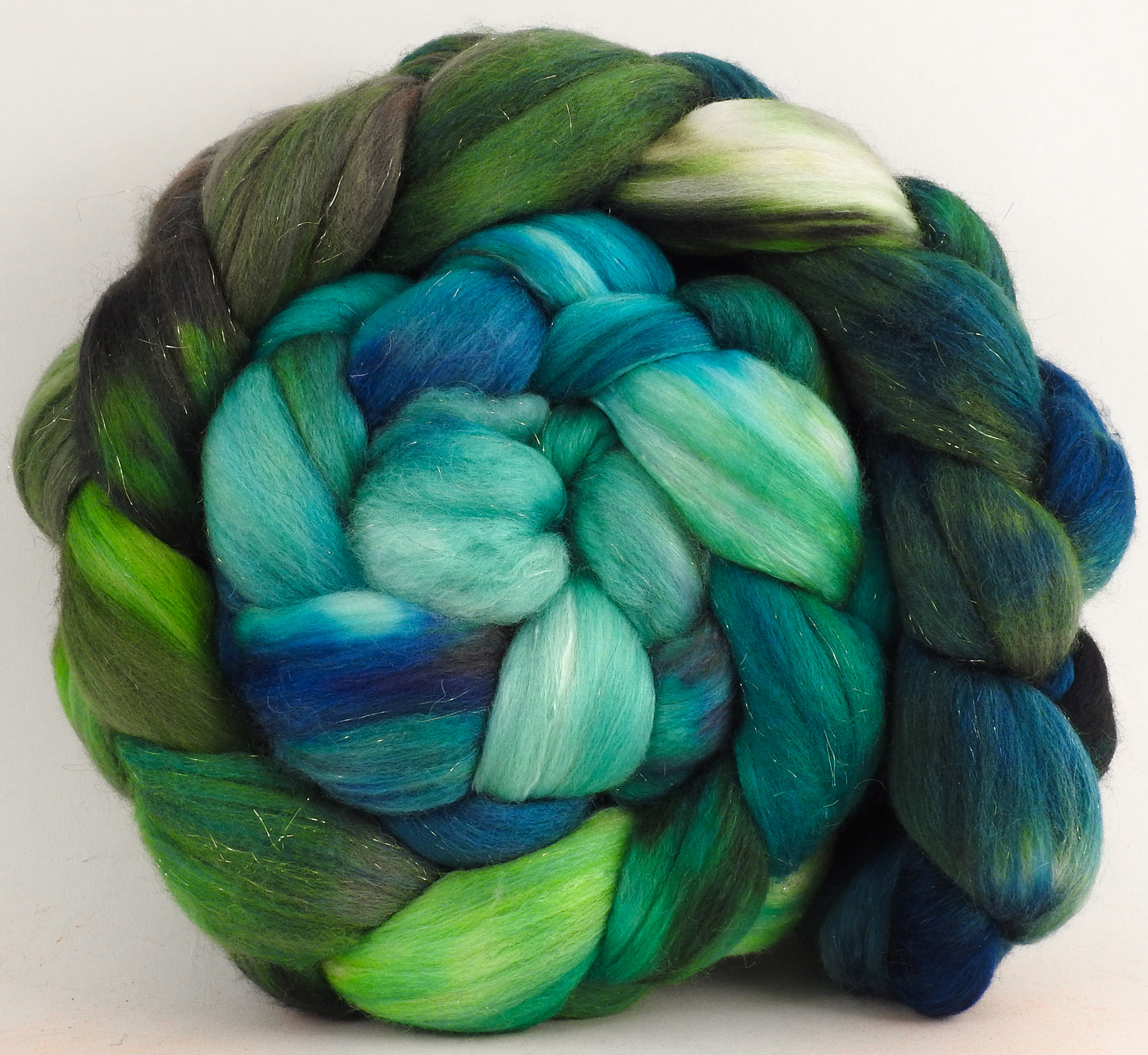 Merpeople(Lite) (6.4 oz) - Batt in a Braid #48 -Superfine Merino/ Mulberry silk/ Camel/ Gold Stellina (55/25/15/5)