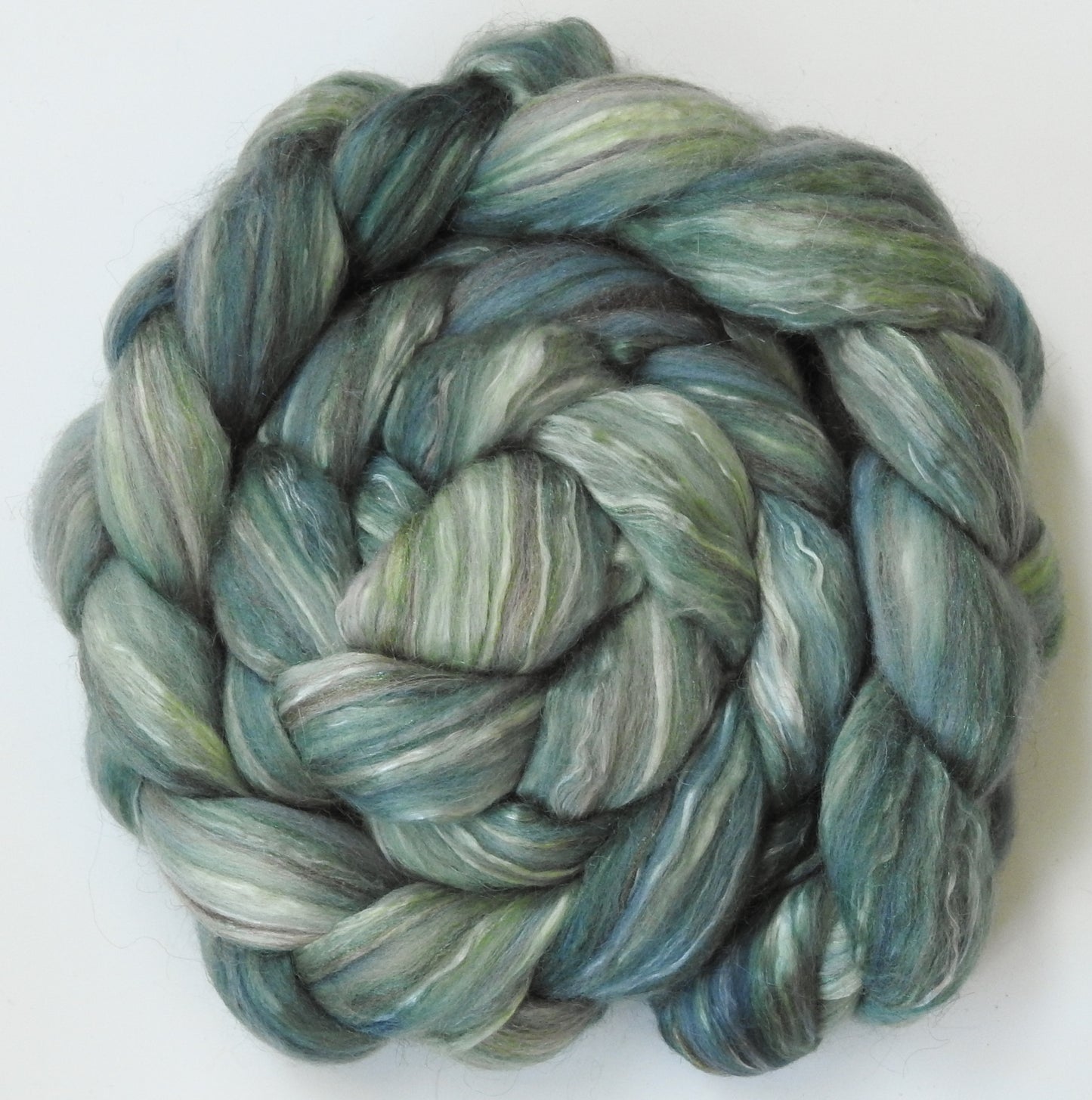 Silver Sage (5.8 oz.) -Glazed Solid -Batt in a Braid #31- Polwarth/ Mulberry Silk / Baby Alpaca / Rainbow Firestar/ Tencel( 40/25/15/10/10)