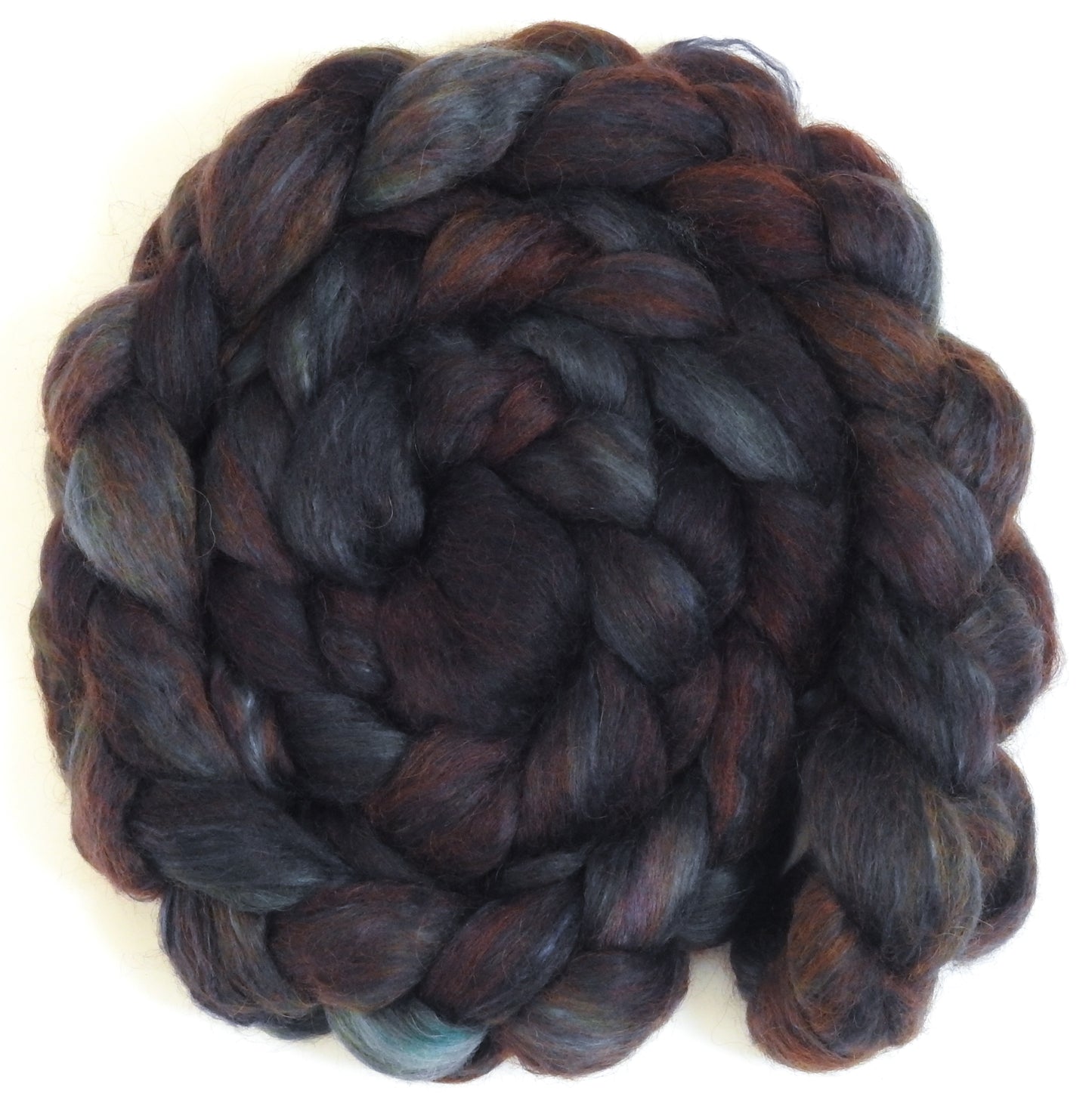 French Roast (5.3 oz) - Batt in a Braid #52- Wensleydale/ Mulberry silk/ Polwarth (60/25/15)