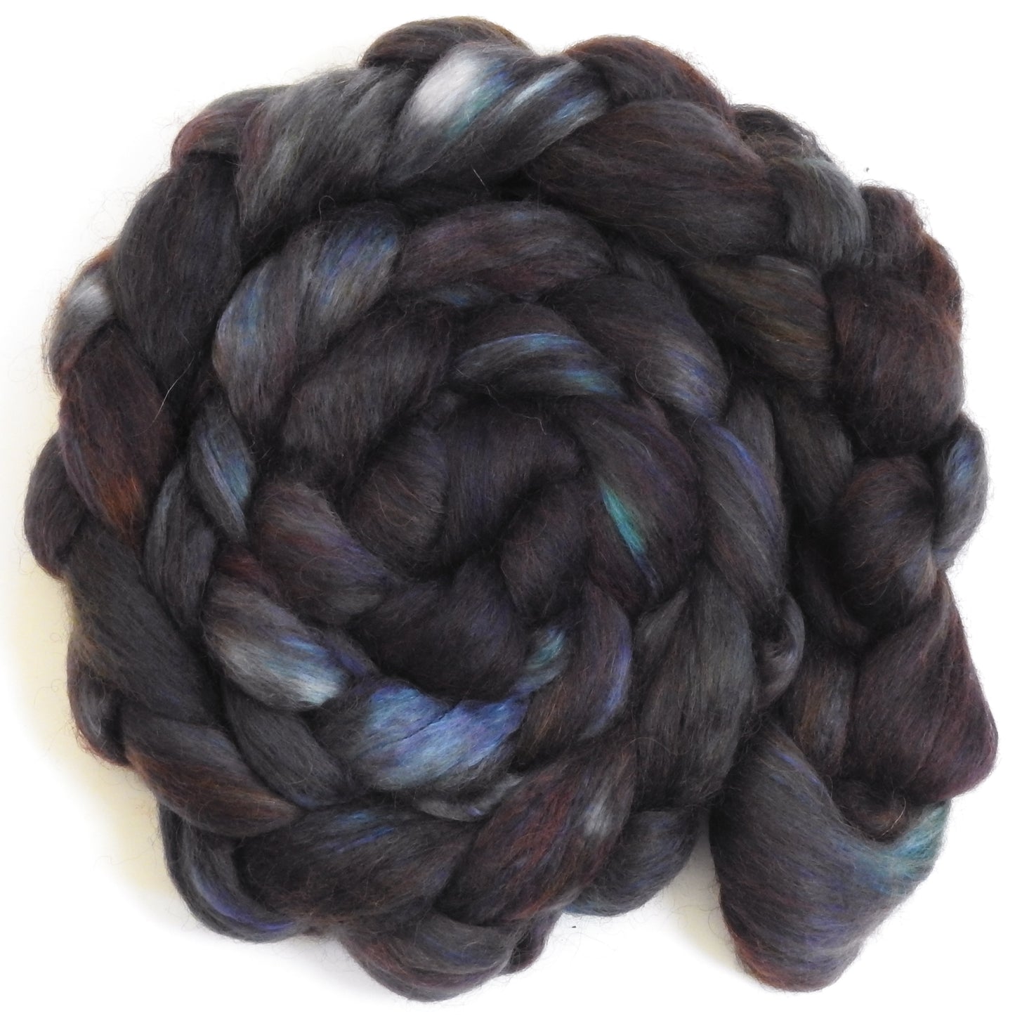 French Roast (5.3 oz) - Batt in a Braid #52- Wensleydale/ Mulberry silk/ Polwarth (60/25/15)
