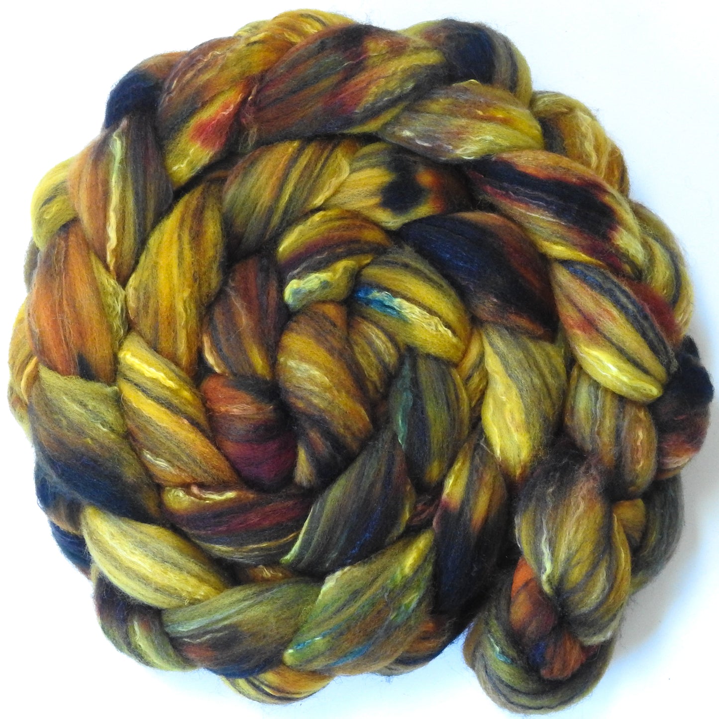 Burnished (unrepeatable) (5.7 oz.)- Batt in a Braid #30- Charollais/ Rambouillet / Black tussah /Mulberry silk (40/40/10/10)