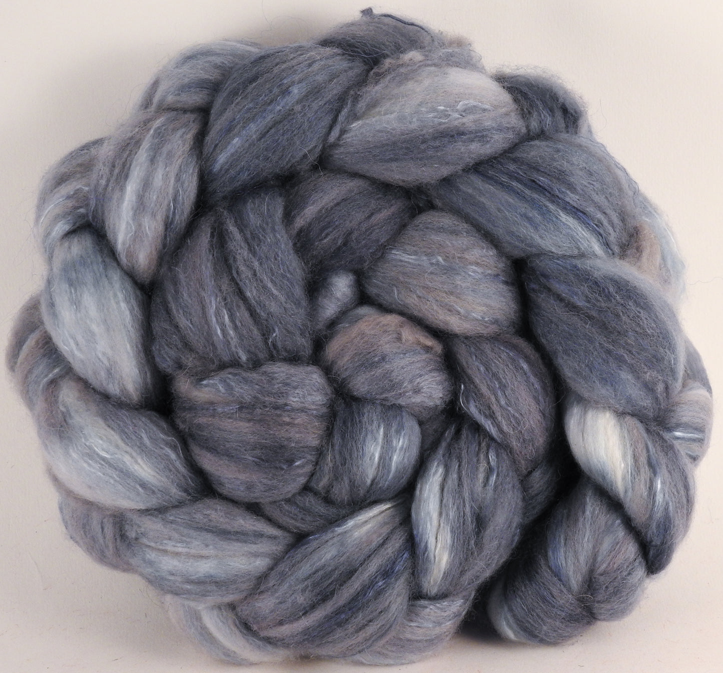 Batt in a Braid #5 -Puddle -(5 oz.) Merino/ Camel/ silk/ faux cashmere/ firestar (25/25/25/12/12) - Inglenook Fibers