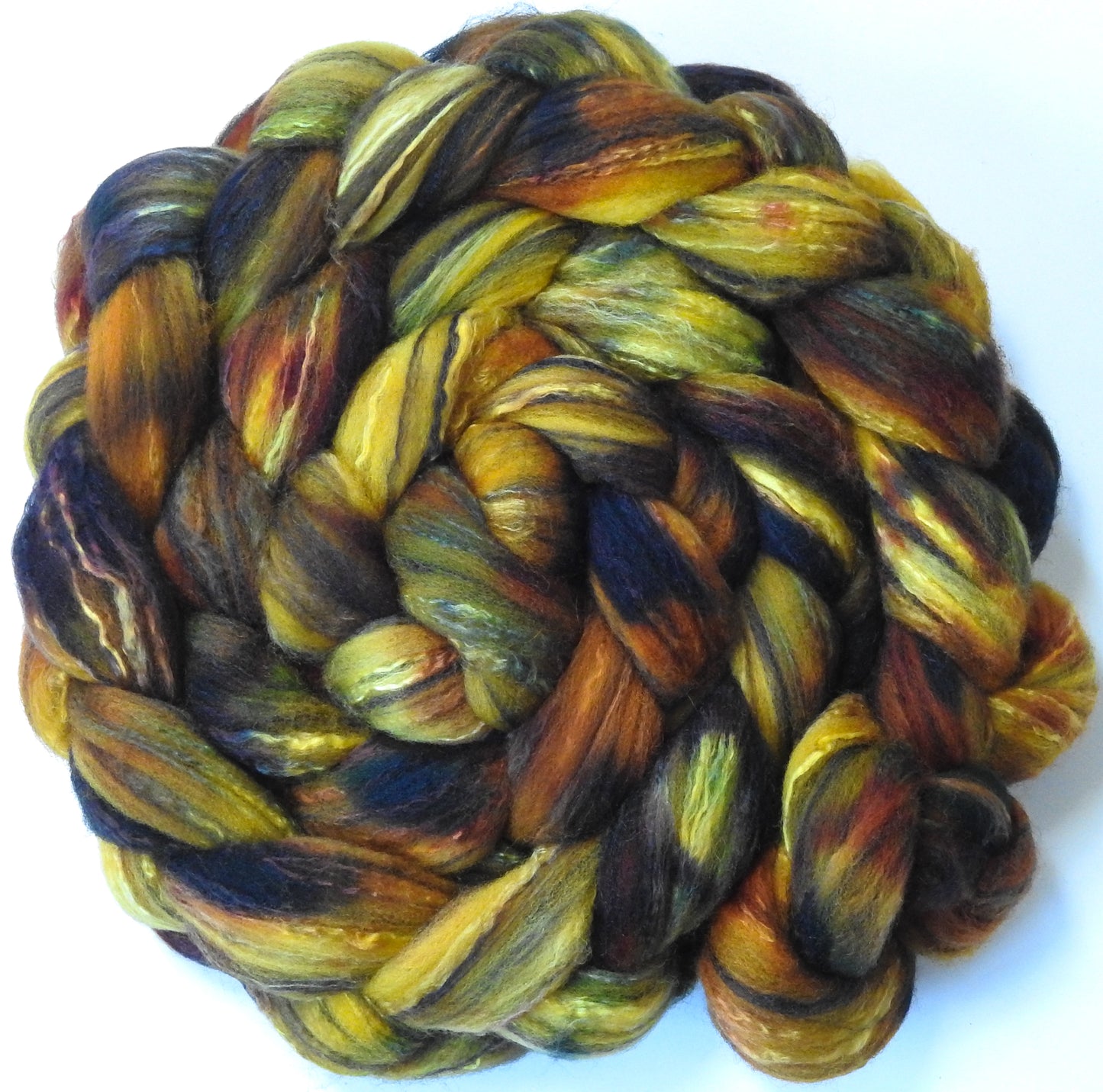 Burnished (unrepeatable) (5.7 oz.)- Batt in a Braid #30- Charollais/ Rambouillet / Black tussah /Mulberry silk (40/40/10/10)