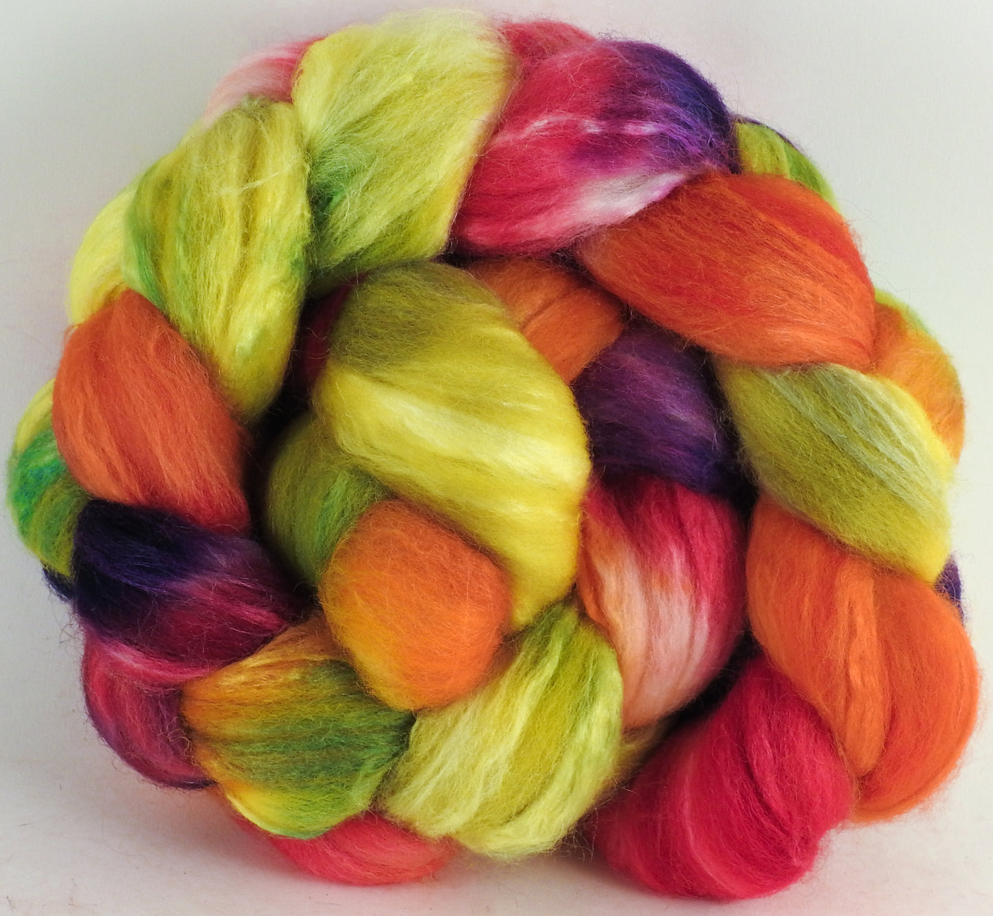 Batt in a Braid #44- Gerbera Daisy - Southdown/Tussah Silk/Kid Mohair (65/25/10) - Inglenook Fibers