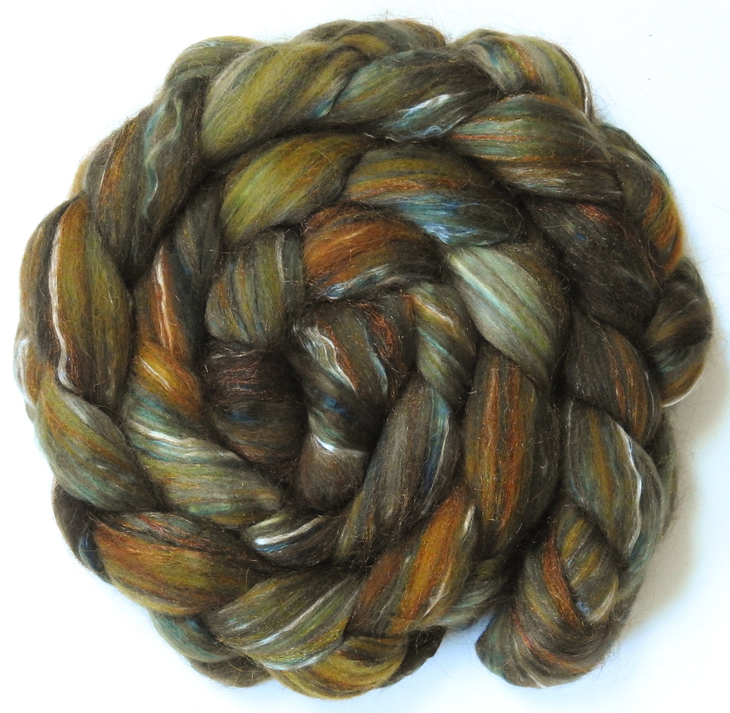 Bracken (5.7 oz) - Batt in a Braid #31 - Polwarth/ Mulberry Silk / Baby Alpaca / Rainbow Firestar/ Tencel( 40/25/15/10/10)