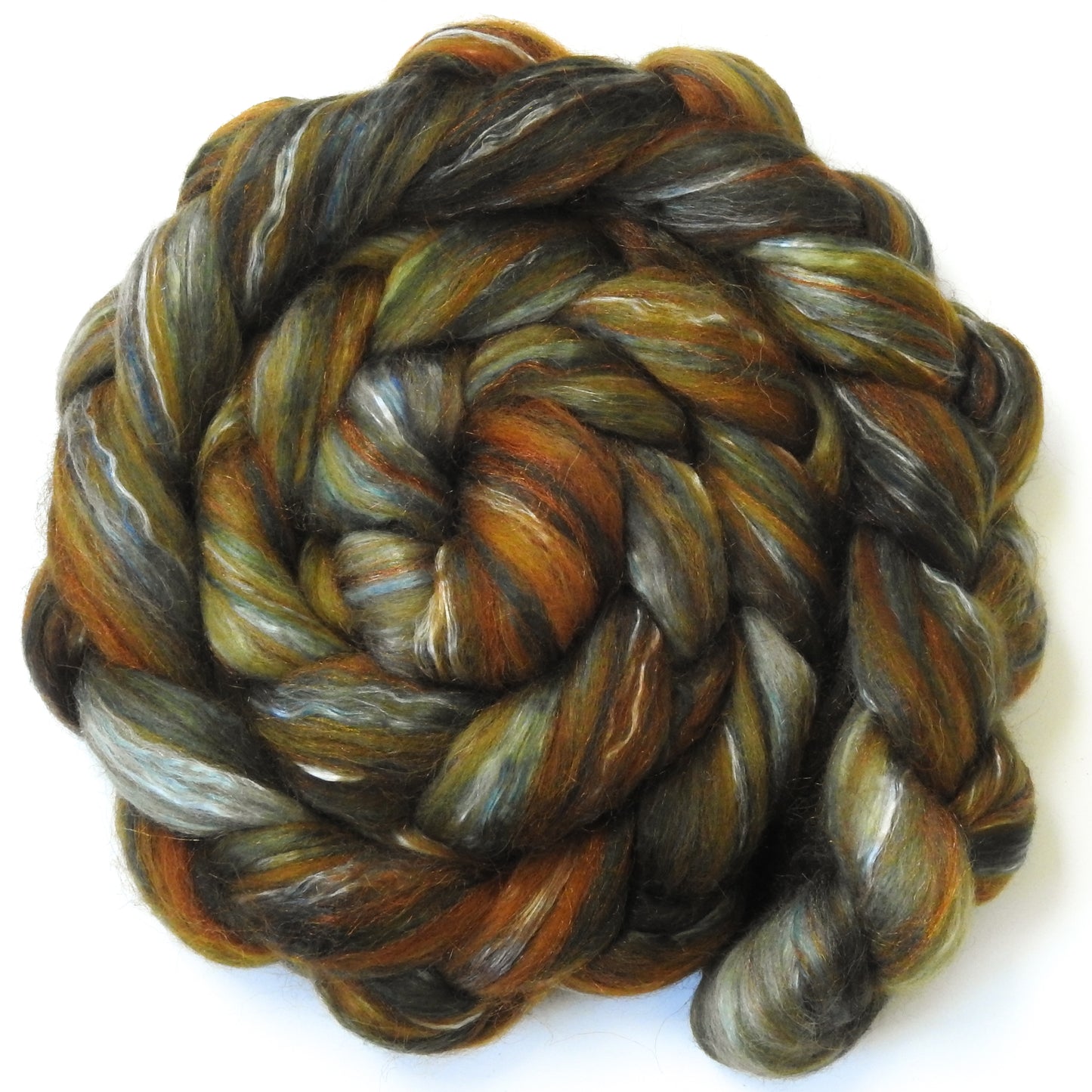 Bracken (5.7 oz) - Batt in a Braid #31 - Polwarth/ Mulberry Silk / Baby Alpaca / Rainbow Firestar/ Tencel( 40/25/15/10/10)