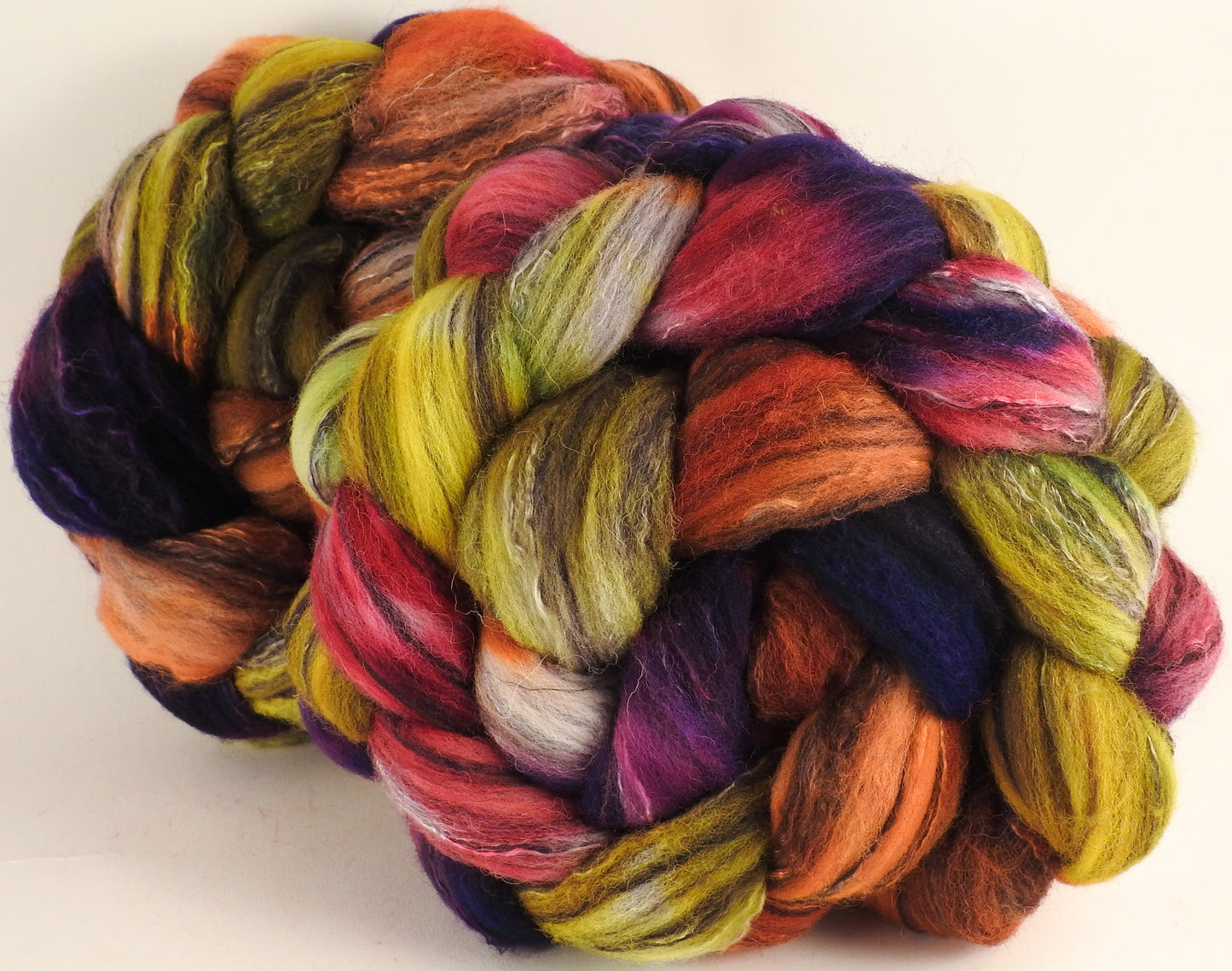 Batt in a Braid #30- Gerbera Daisy (5.4 oz.) - Charollais/ Rambouillet / Black tussah /Mulberry silk (40/40/10/10) - Inglenook Fibers