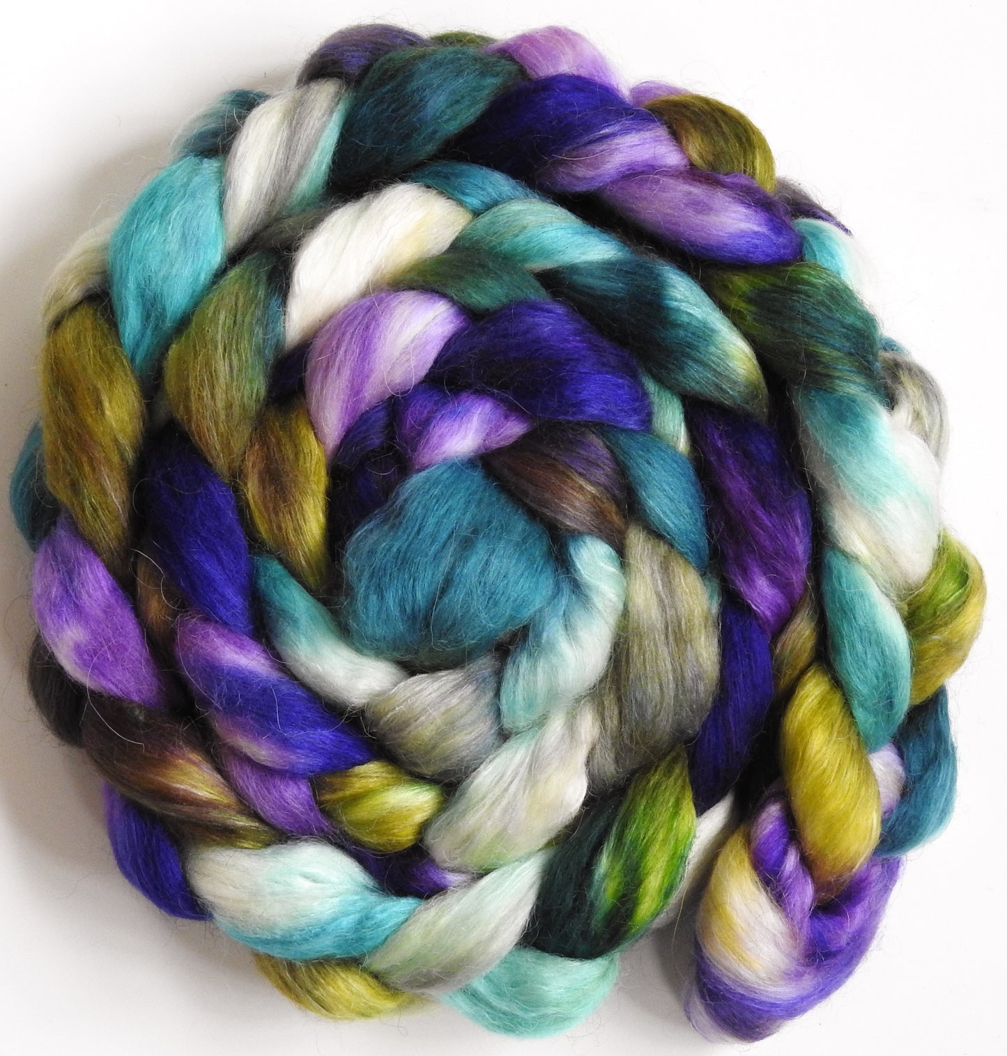 African Violets (5.4 oz) - Batt in a Braid #52- Wensleydale/ Mulberry silk/ Polwarth (60/25/15)