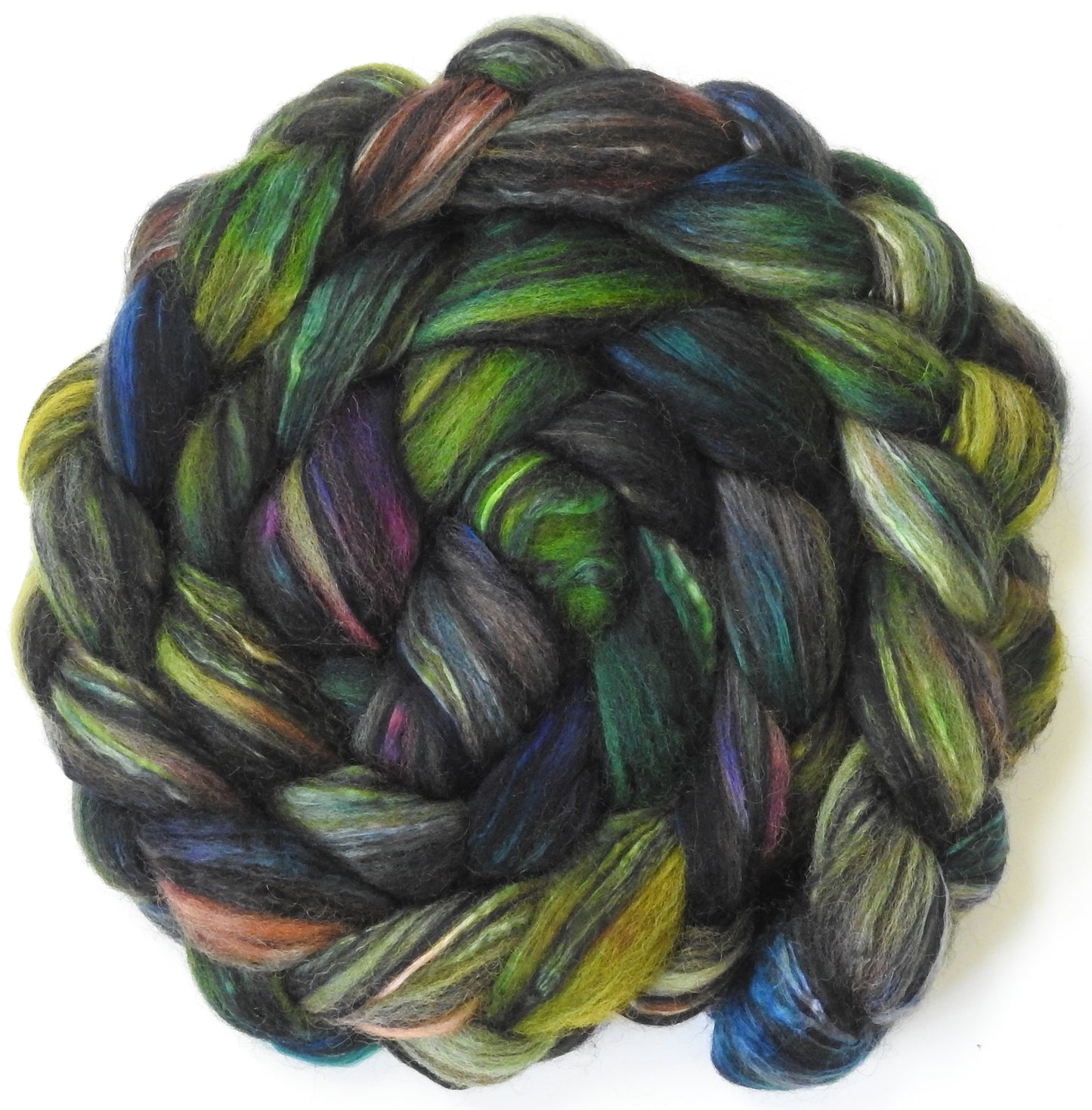 Magic Beans (5.4 oz) Batt in a Braid #55- Shetland/ Mulberry Silk/ Black Bamboo (50/25/25)