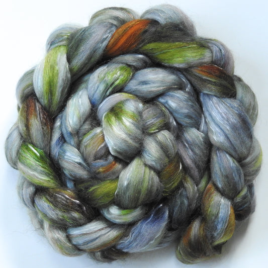 Lichenology (5.6 oz.)  -Batt in a Braid #31- Polwarth/ Mulberry Silk / Baby Alpaca / Rainbow Firestar/ Tencel( 40/25/15/10/10)