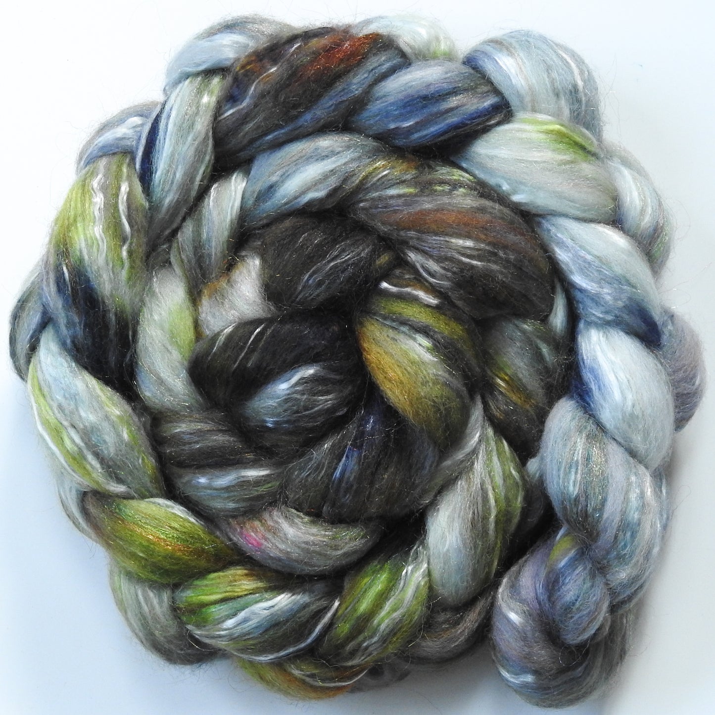 Lichenology (5.6 oz.)  -Batt in a Braid #31- Polwarth/ Mulberry Silk / Baby Alpaca / Rainbow Firestar/ Tencel( 40/25/15/10/10)