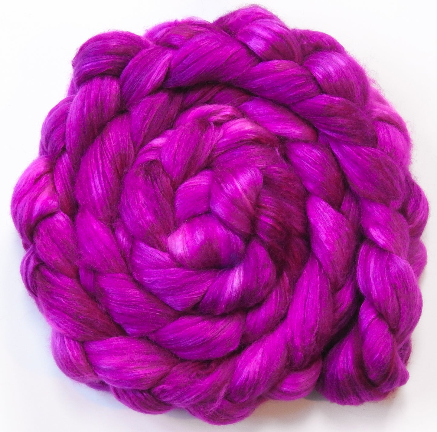 Dragonfruit (4.1 oz)- Batt in a Braid #54- Bleached YAK/Polwarth / Mulberry Silk (40/40/20)