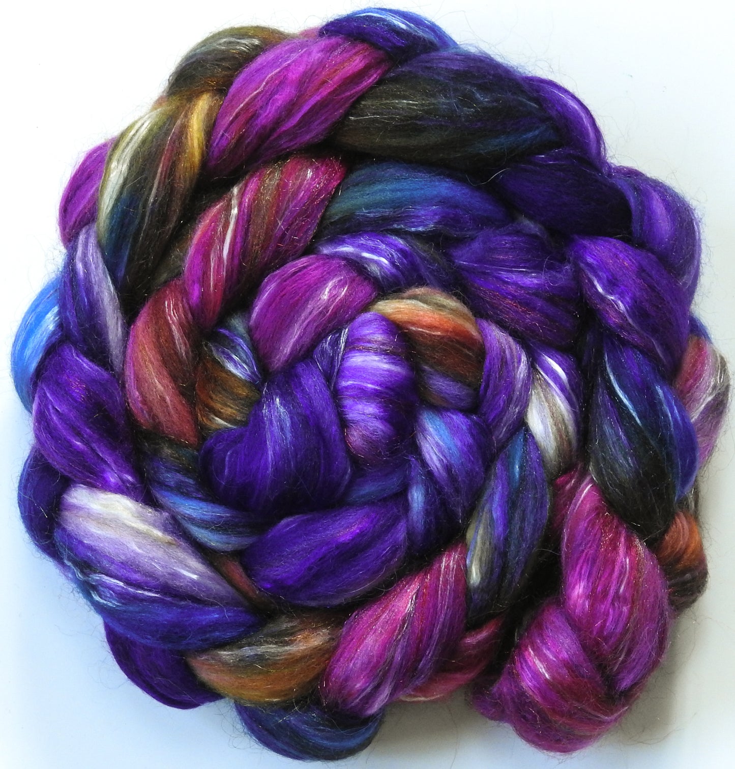 Esther (5.8 oz.)  -Batt in a Braid #31- Polwarth/ Mulberry Silk / Baby Alpaca / Rainbow Firestar/ Tencel( 40/25/15/10/10)