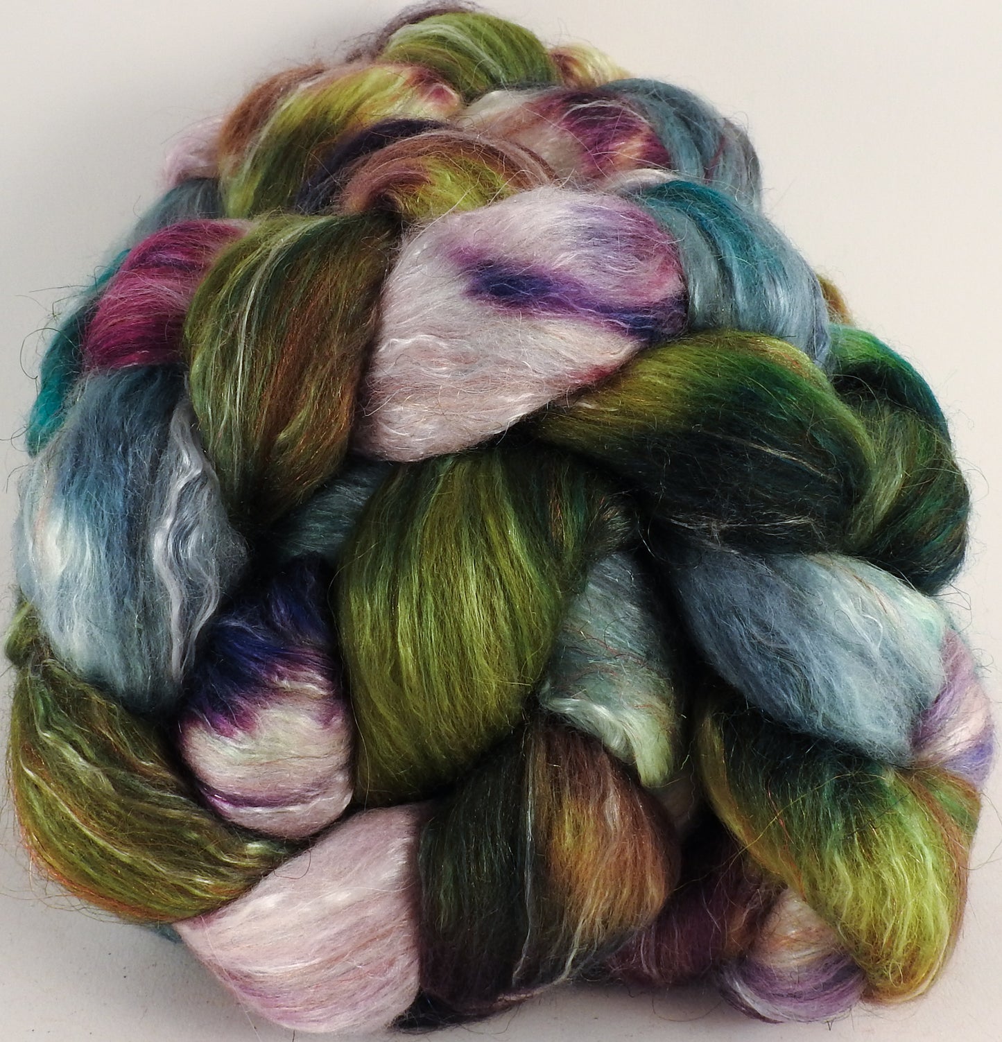 Batt in a Braid #31- Bramble - (5.4 oz. ) Polwarth/ Mulberry Silk / Baby Alpaca / Rainbow Firestar/ Tencel( 40/25/15/10/10) - Inglenook Fibers