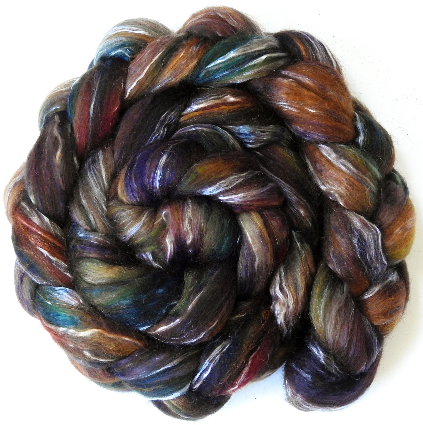Pinecone (5.5 oz) - Batt in a Braid #31 - Polwarth/ Mulberry Silk / Baby Alpaca / Rainbow Firestar/ Tencel( 40/25/15/10/10)