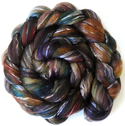 Pinecone (5.5 oz) - Batt in a Braid #31 - Polwarth/ Mulberry Silk / Baby Alpaca / Rainbow Firestar/ Tencel( 40/25/15/10/10)
