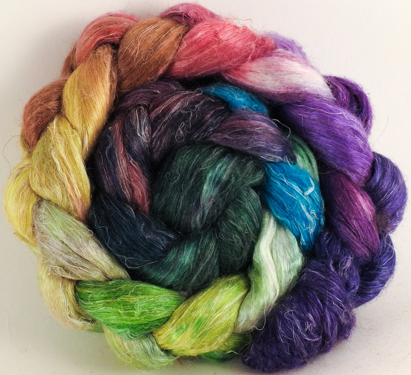 Hand dyed Tussah Silk / flax roving - Hawaiian Shirt - (65/35)- (4.7 oz.) - Inglenook Fibers