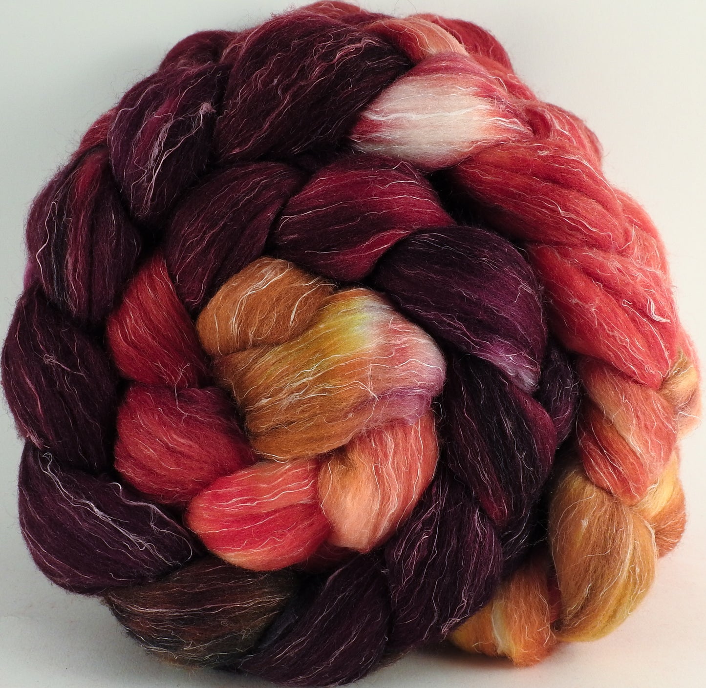 Batt in a Braid #29 - Cherry Medley -(5.3 oz.) Rambouillet / Tussah / Flax (40/40/20) - Inglenook Fibers