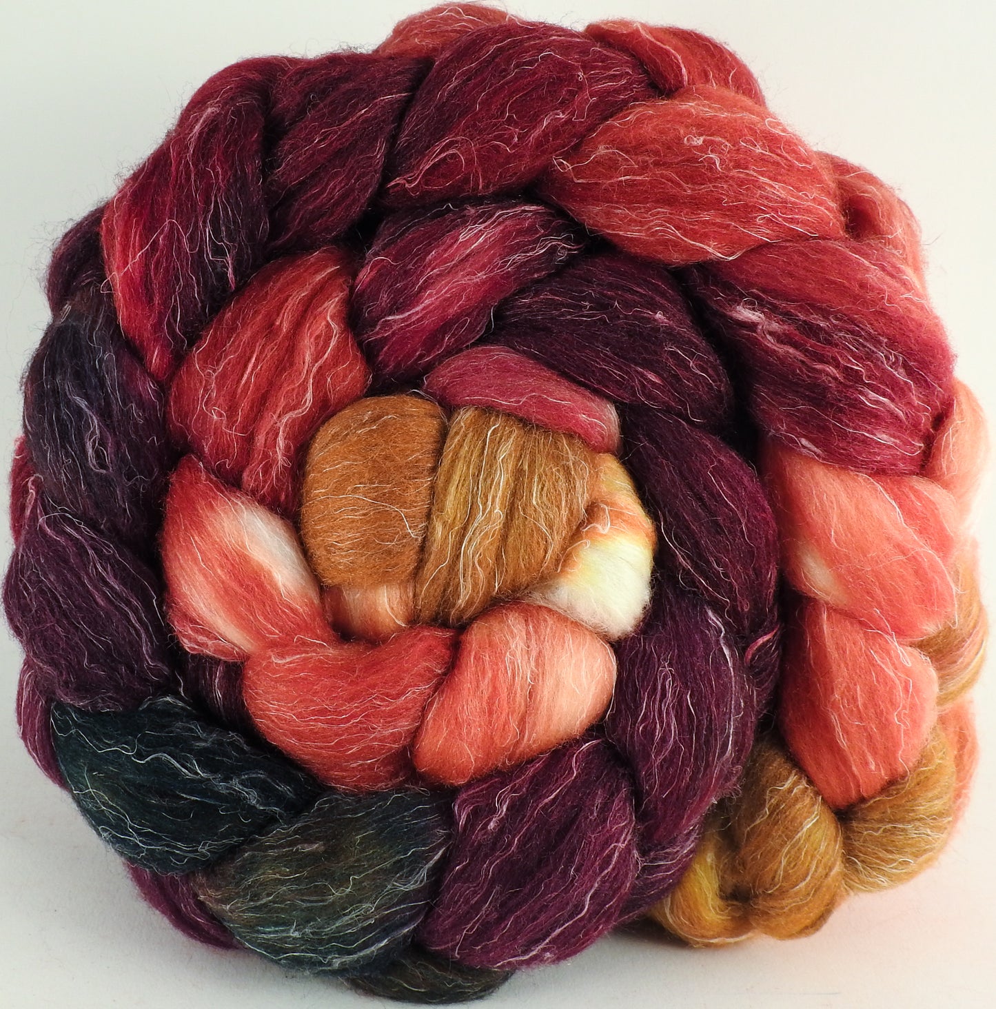 Batt in a Braid #29 - Cherry Medley -(5.3 oz.) Rambouillet / Tussah / Flax (40/40/20) - Inglenook Fibers
