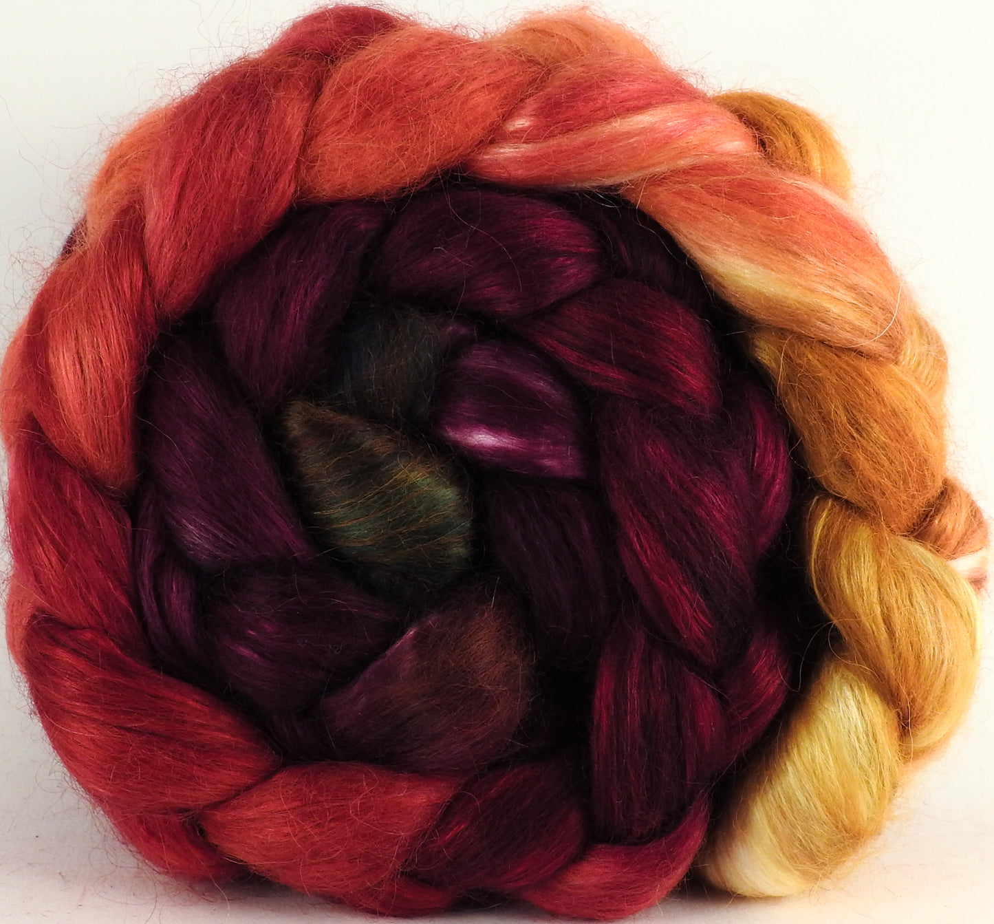 Hand-dyed wensleydale/ mulberry silk roving (65/35) - Cherry Medley - (5.4 oz.) - Inglenook Fibers