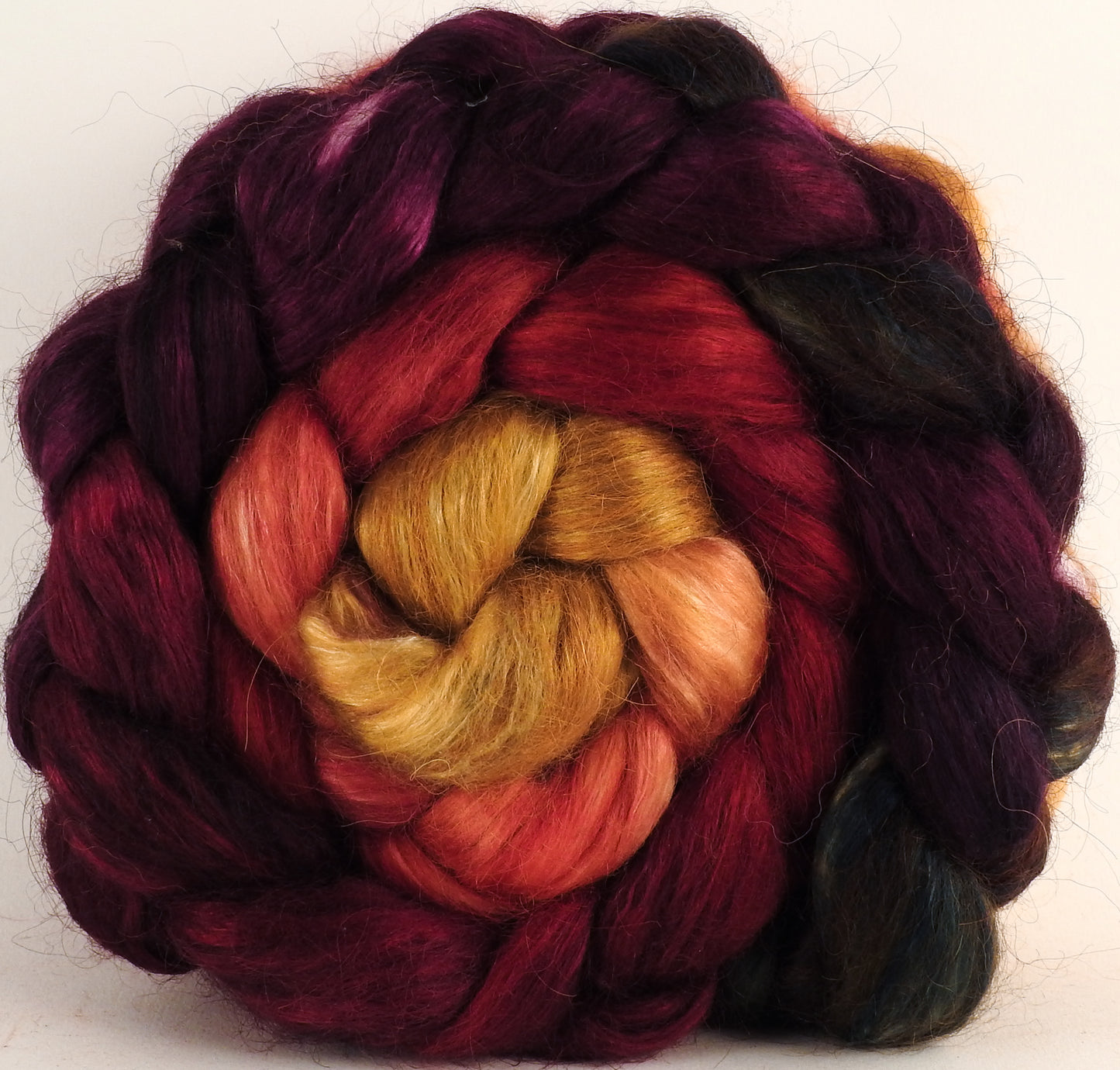 Hand-dyed wensleydale/ mulberry silk roving (65/35) - Cherry Medley - (5.4 oz.) - Inglenook Fibers