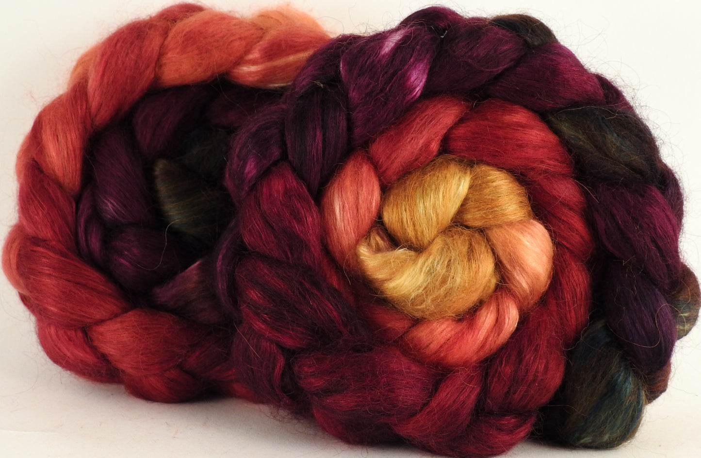 Hand-dyed wensleydale/ mulberry silk roving (65/35) - Cherry Medley - (5.4 oz.) - Inglenook Fibers