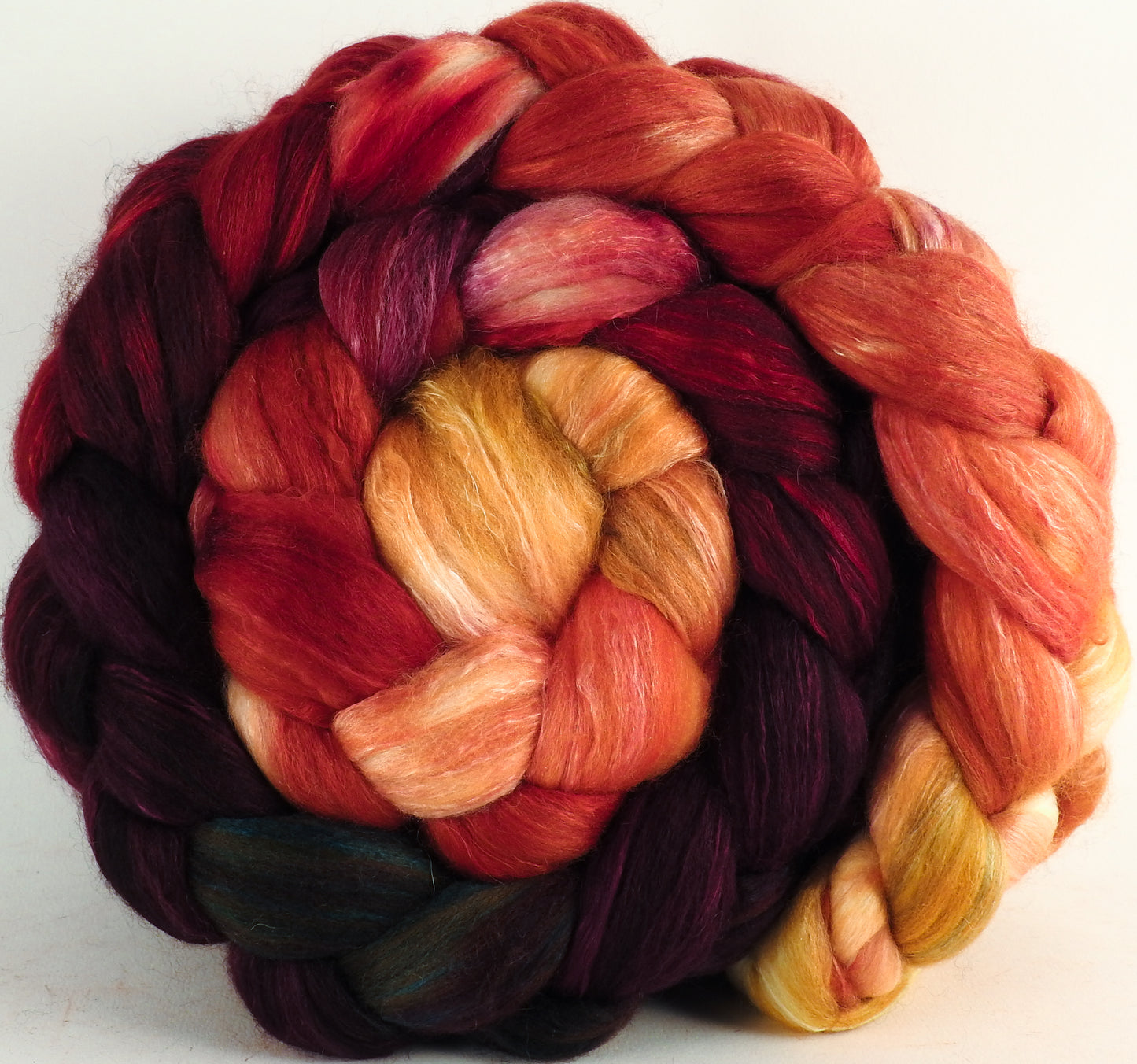 Batt in a Braid #5 - Cherry Medley -(5.2 oz.) Merino/ Camel/ silk/ faux cashmere/ firestar (25/25/25/12/12) - Inglenook Fibers