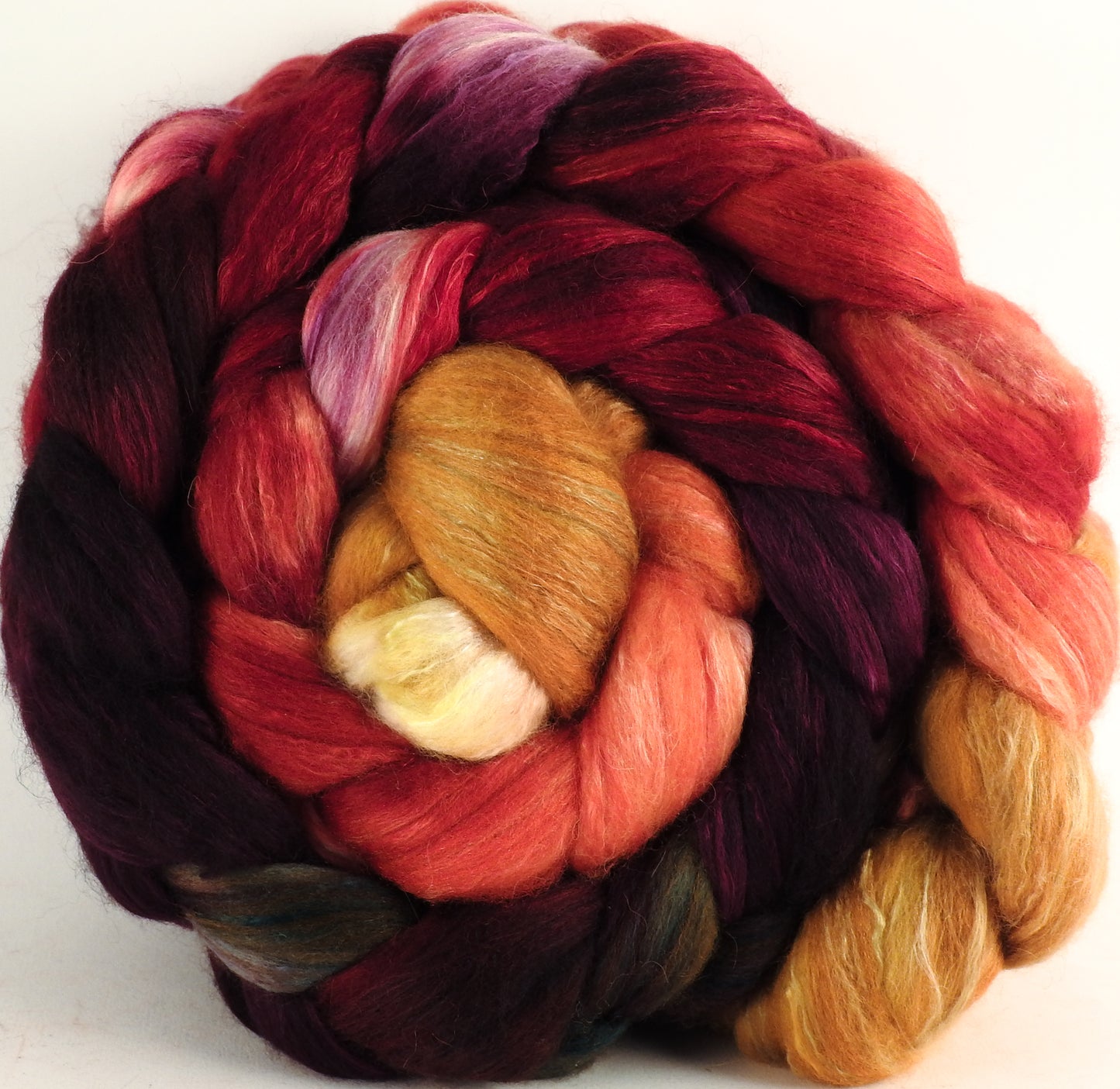 Batt in a Braid #5 - Cherry Medley -(5.2 oz.) Merino/ Camel/ silk/ faux cashmere/ firestar (25/25/25/12/12) - Inglenook Fibers
