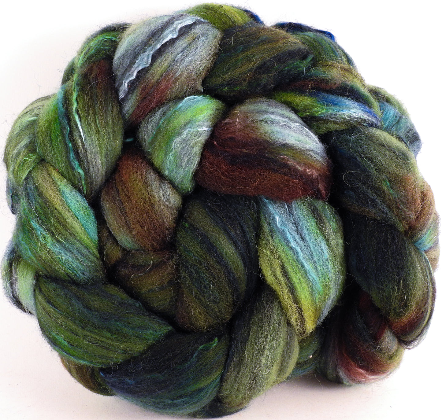 Batt in a Braid #30- Algae (5.3 oz.) - Charollais/ Rambouillet / Black tussah /Mulberry silk (40/40/10/10) - Inglenook Fibers