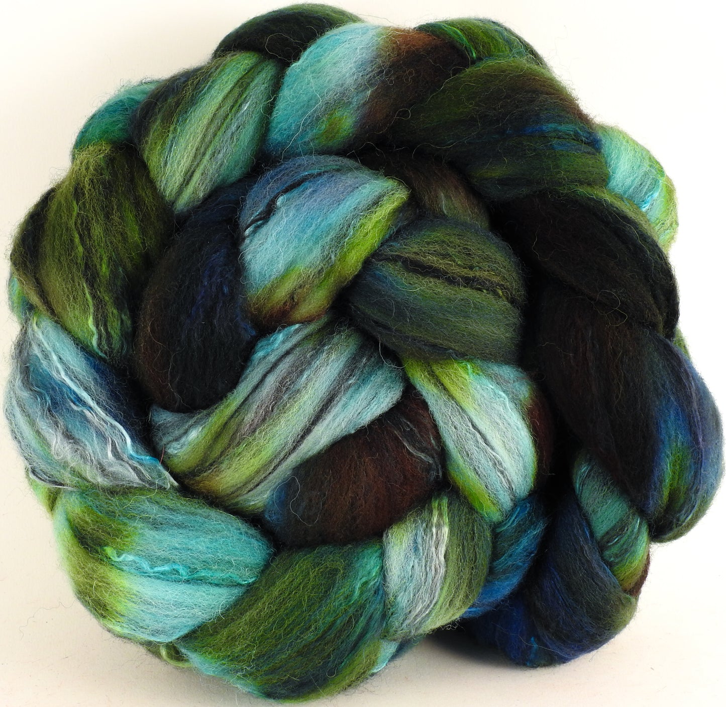 Batt in a Braid #30- Algae (5.3 oz.) - Charollais/ Rambouillet / Black tussah /Mulberry silk (40/40/10/10) - Inglenook Fibers