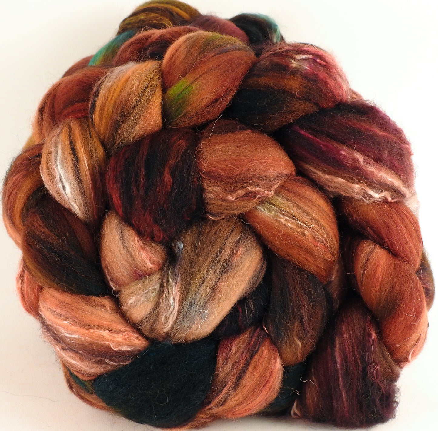 Batt in a Braid #30- Scorched (5.3 oz.) - Charollais/ Rambouillet / Black tussah /Mulberry silk (40/40/10/10) - Inglenook Fibers