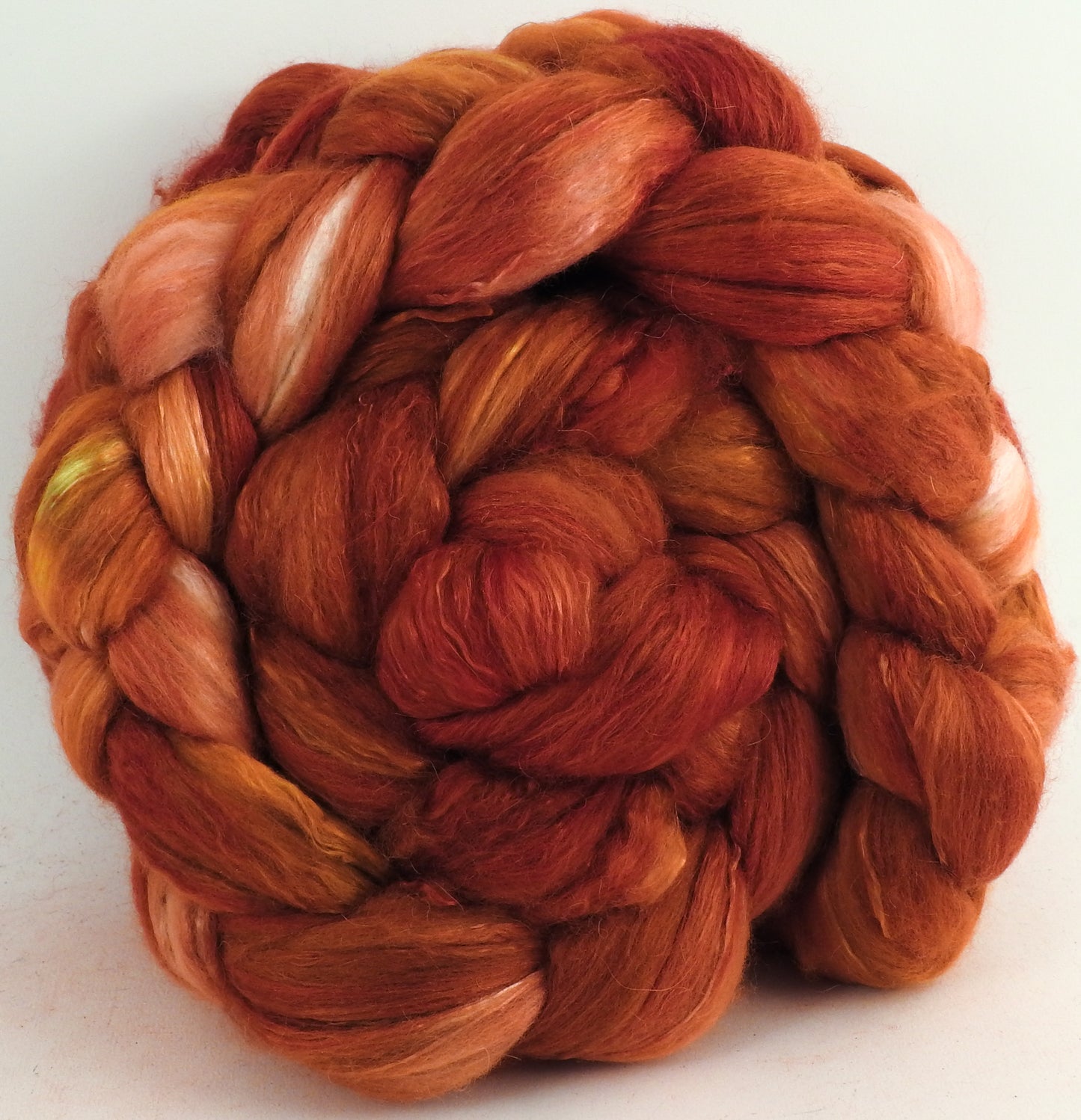 Volcano (5.5 oz) - Batt in a Braid #5- Merino/ Camel/ silk/ faux cashmere/ firestar (25/25/25/12/12)