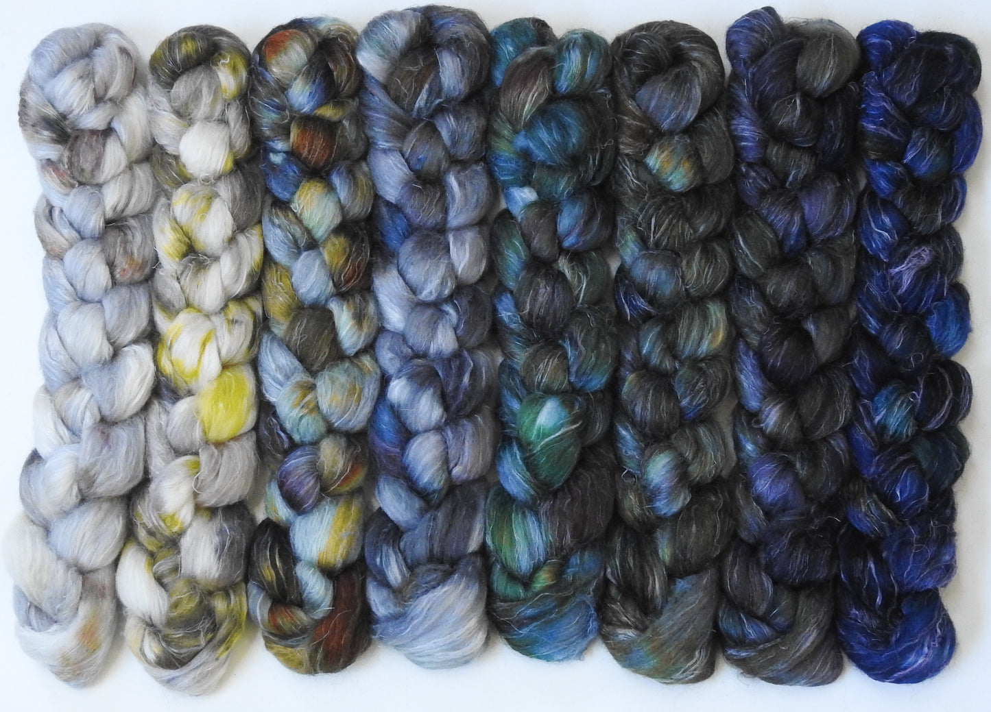Windchill -Gradient Braid Set - (11.5 oz.) Batt in a Braid #3 - Polwarth/ Tussah Silk/ Flax (40/40/20)