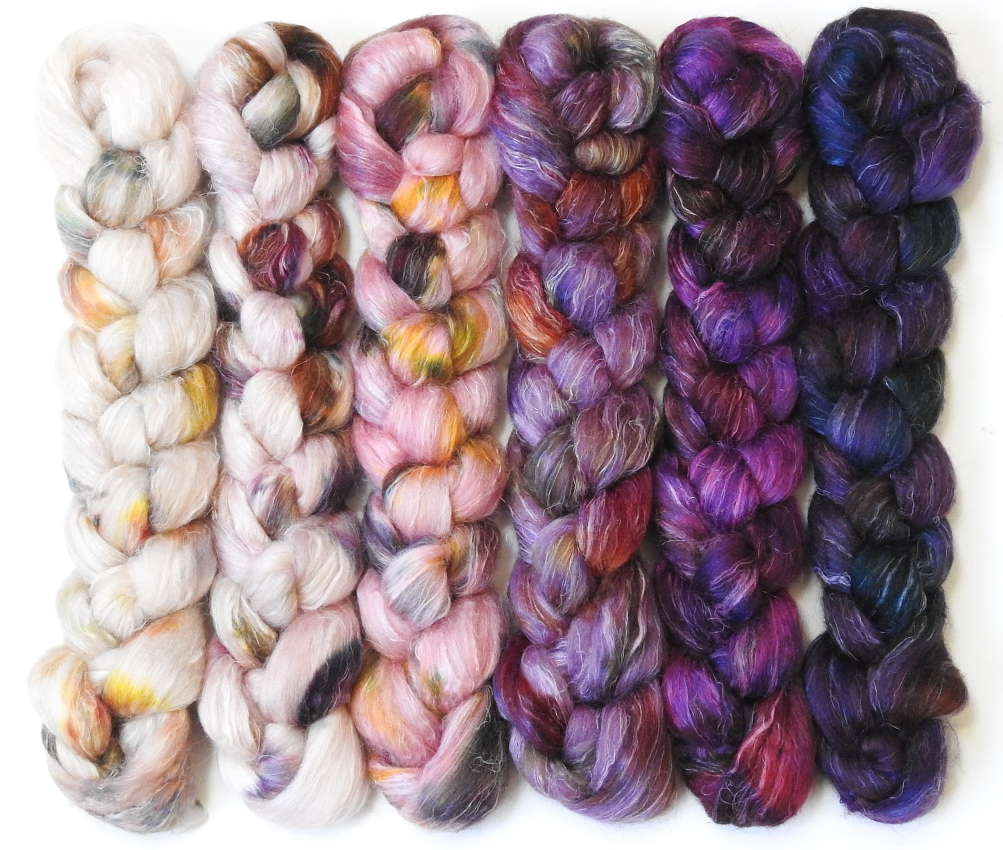 Let them Eat Cake -Gradient Braid Set - (8.5 oz.) Batt in a Braid #3 - Polwarth/ Tussah Silk/ Flax (40/40/20)