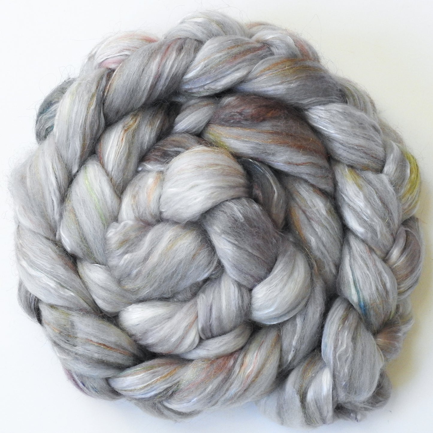 Pearly Gates (5.8 oz) - Batt in a Braid #31 - Polwarth/ Mulberry Silk / Baby Alpaca / Rainbow Firestar/ Tencel( 40/25/15/10/10)