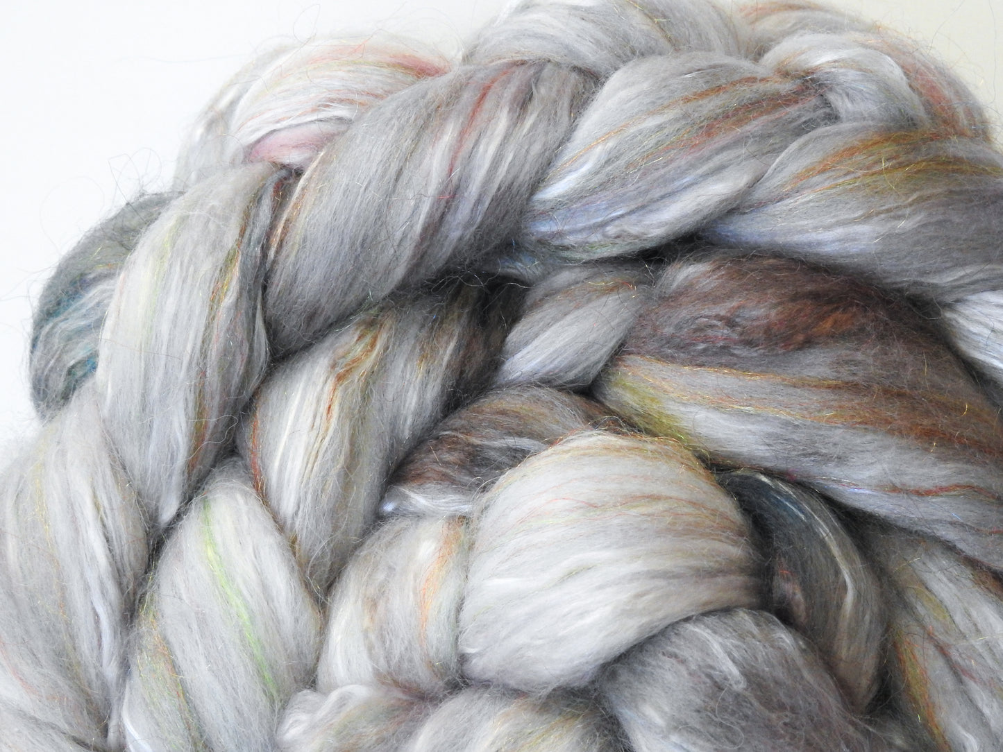 Pearly Gates (5.8 oz) - Batt in a Braid #31 - Polwarth/ Mulberry Silk / Baby Alpaca / Rainbow Firestar/ Tencel( 40/25/15/10/10)