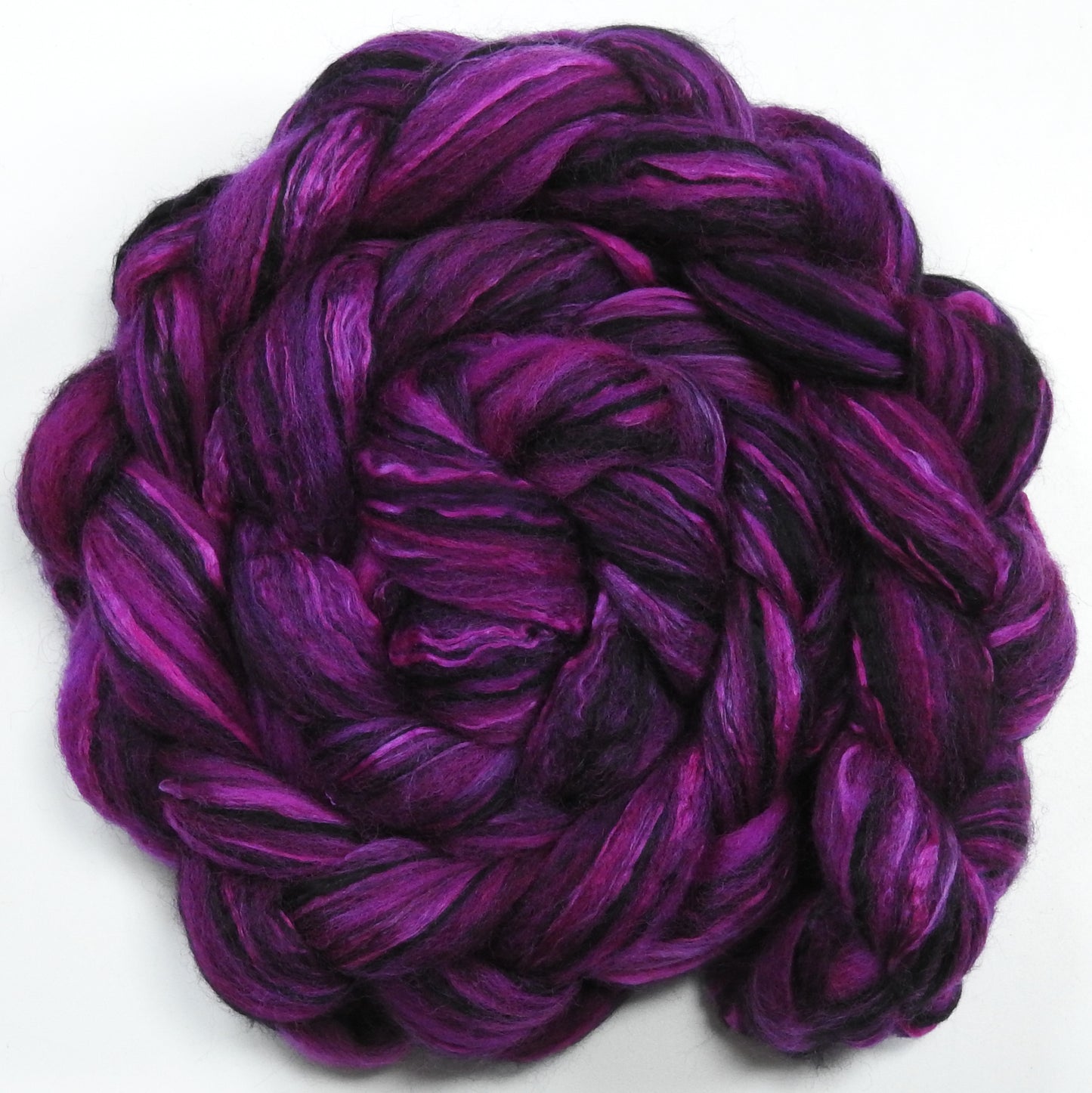 Dragonfruit (4.9 oz) - Batt in a Braid #55- Shetland/ Mulberry Silk/ Black Bamboo (50/25/25)