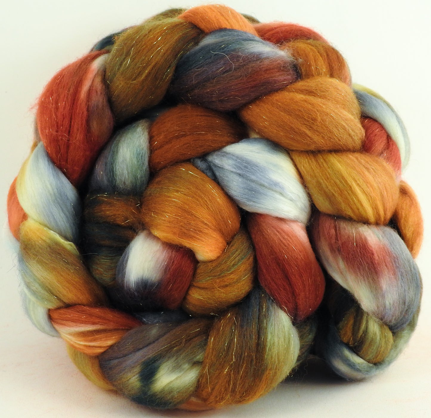 Nuts & Berries (5.3 oz) - Batt in a Braid #48 -Superfine Merino/ Mulberry silk/ Camel/ Gold Stellina (55/25/15/5)