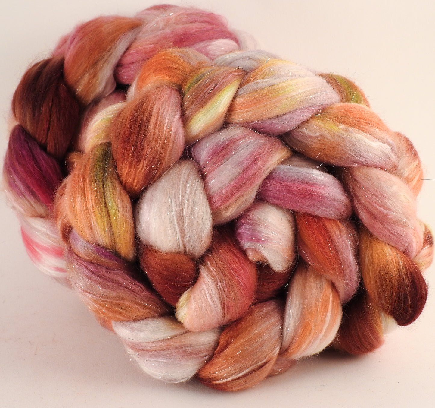 Batt in a Braid #41 - Petit Fours - Llama / Merino ( 18 mic.)/ Mulberry silk/ Stellina (40/30/25/5) - Inglenook Fibers