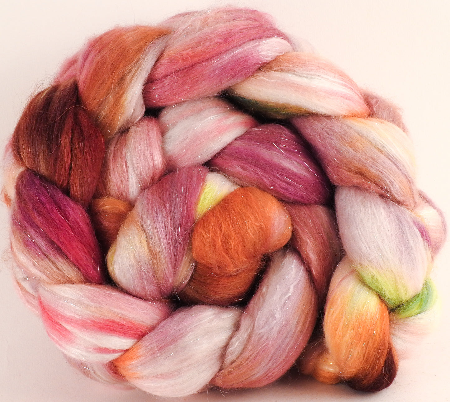 Batt in a Braid #41 - Petit Fours - Llama / Merino ( 18 mic.)/ Mulberry silk/ Stellina (40/30/25/5) - Inglenook Fibers