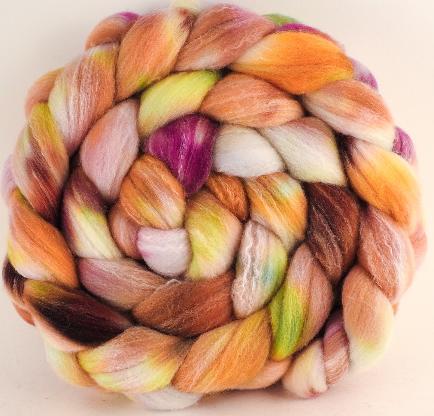 Hand dyed top for spinning -Petit Fours ( Lite) (5.7 oz.) Targhee/silk/ bamboo ( 80/10/10) - Inglenook Fibers