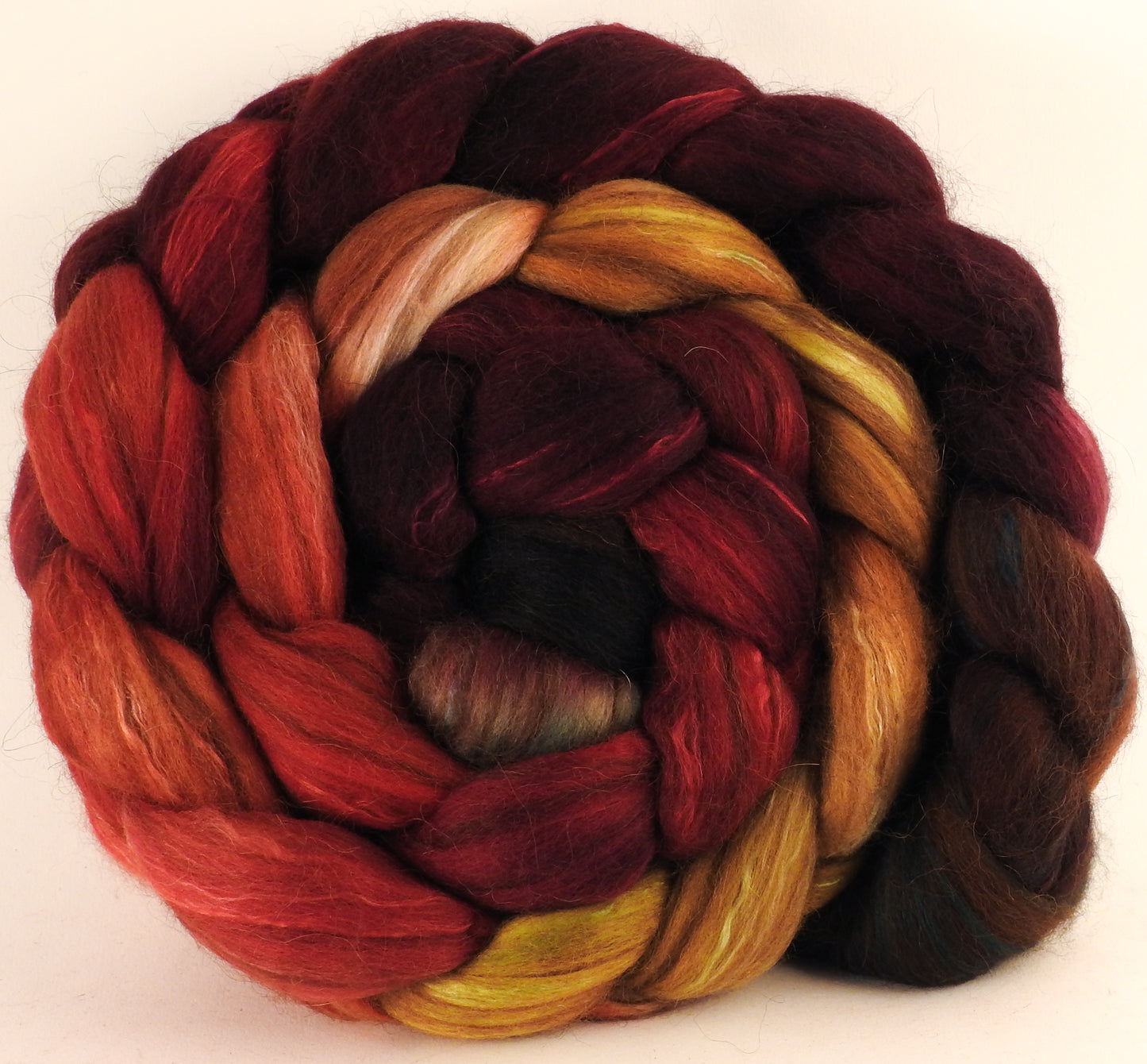 Hand dyed top for spinning - Cherry Medley (5.1 oz) - 18.5 mic merino/ camel/ brown alpaca/ mulberry silk/ (40/20/20/20) - Inglenook Fibers