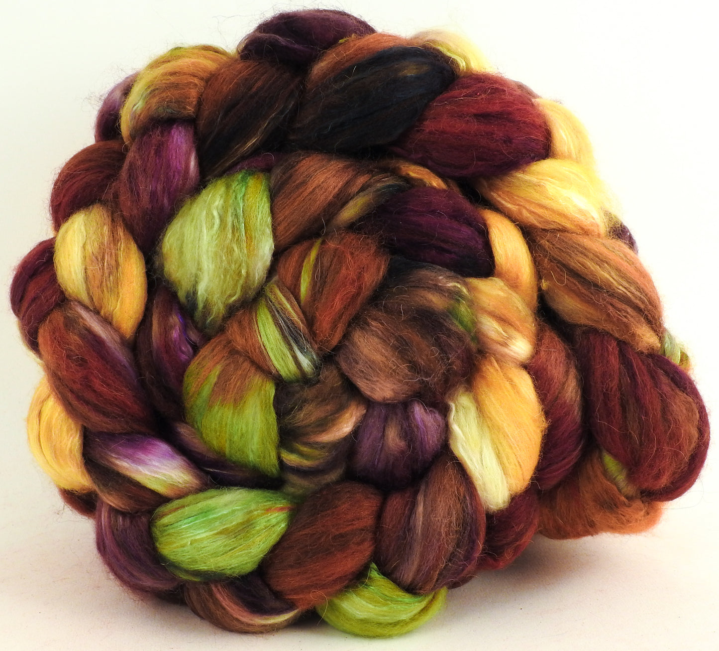 Leaf Pile (6 oz )- Batt in a Braid #5- Merino/ Camel/ silk/ faux cashmere/ firestar (25/25/25/12/12)