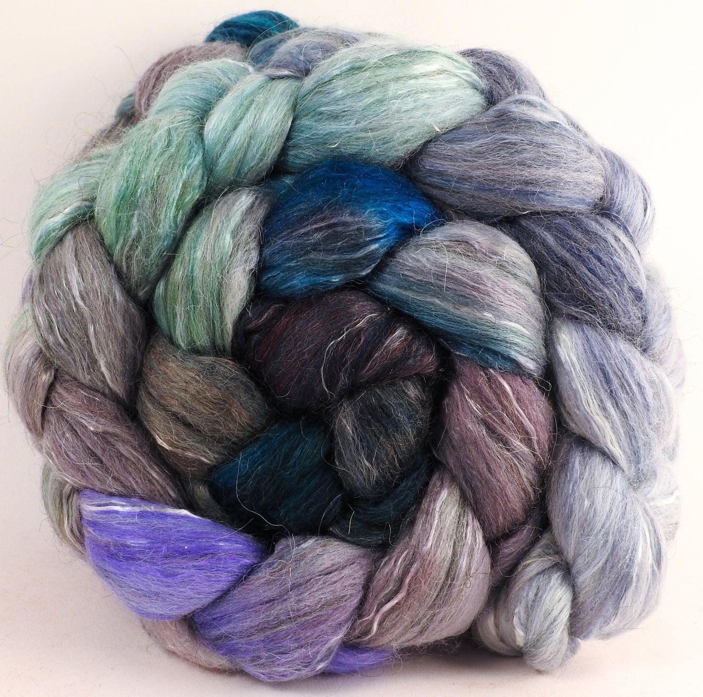 Batt in a Braid #31- Tempest -(6.1 oz.) Polwarth/ Mulberry Silk / Baby Alpaca / Rainbow Firestar/ Tencel( 40/25/15/10/10) - Inglenook Fibers