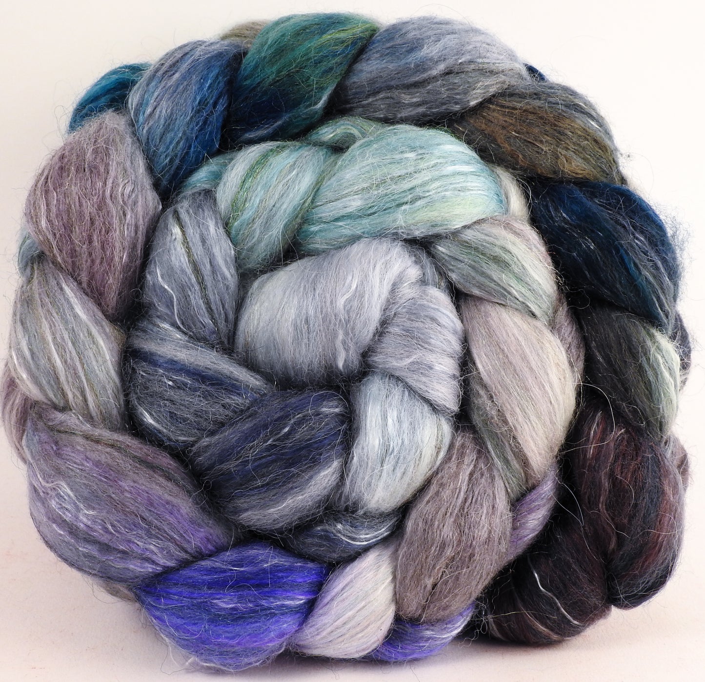 Batt in a Braid #31- Tempest -(6.1 oz.) Polwarth/ Mulberry Silk / Baby Alpaca / Rainbow Firestar/ Tencel( 40/25/15/10/10) - Inglenook Fibers
