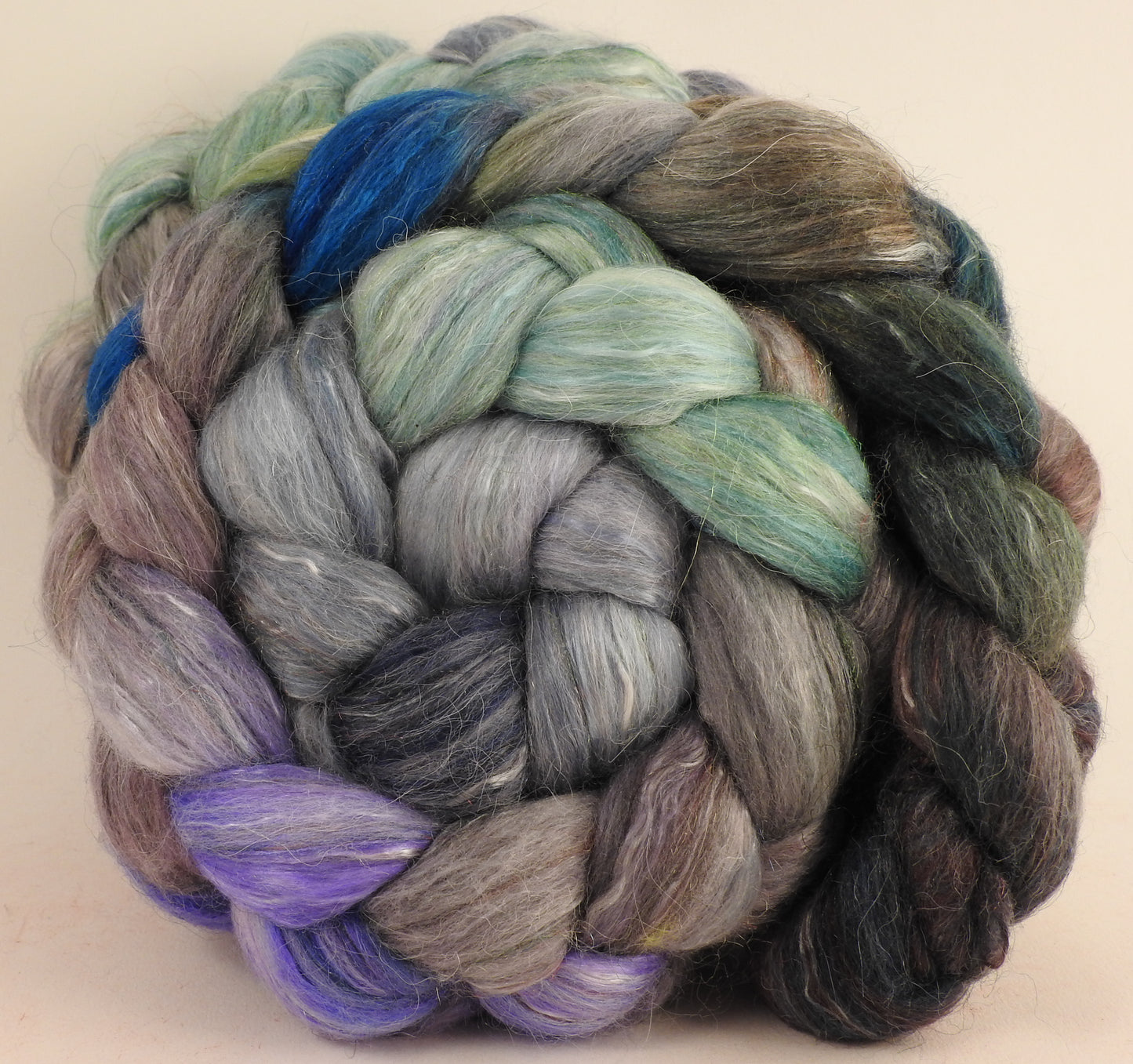 Batt in a Braid #31- Tempest -(6.1 oz.) Polwarth/ Mulberry Silk / Baby Alpaca / Rainbow Firestar/ Tencel( 40/25/15/10/10) - Inglenook Fibers