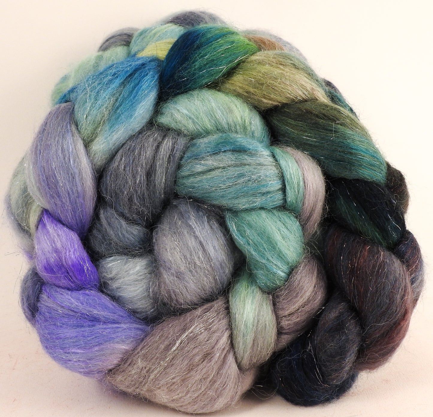 Batt in a Braid #41 - Tempest - (5.3 oz.) Llama / Merino ( 18 mic.)/ Mulberry silk/ Stellina (40/30/25/5) - Inglenook Fibers